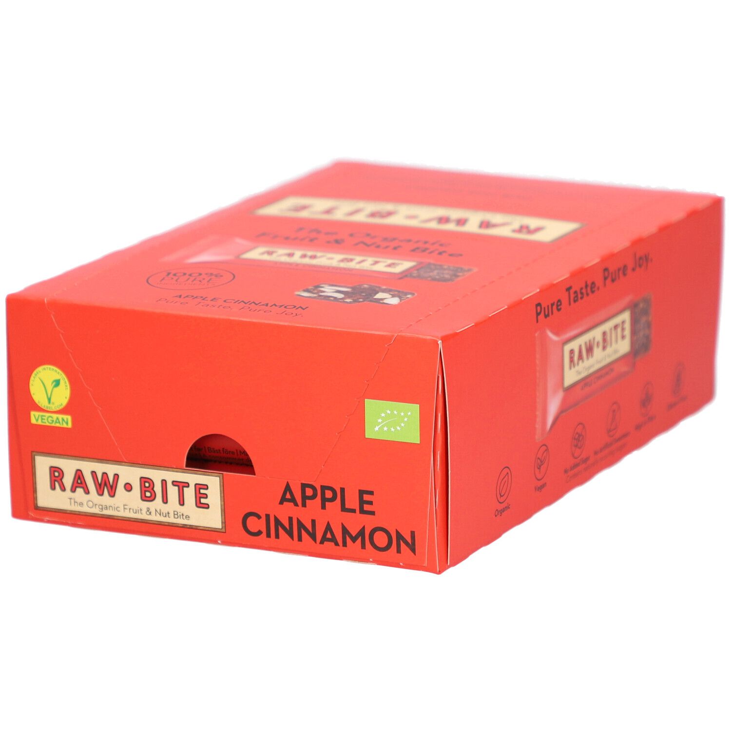 Boîte rouge avec logo "RAW BITE" et texte "APPLE CINNAMON". Labels Vegan et Bio UE visibles.