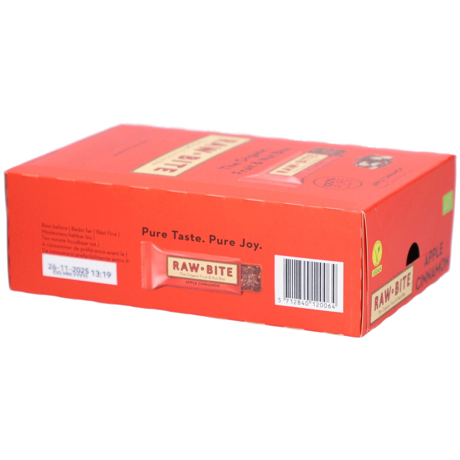 Boîte rouge avec logo "RAW BITE" et code-barres. Texte : "Pure Taste. Pure Joy."