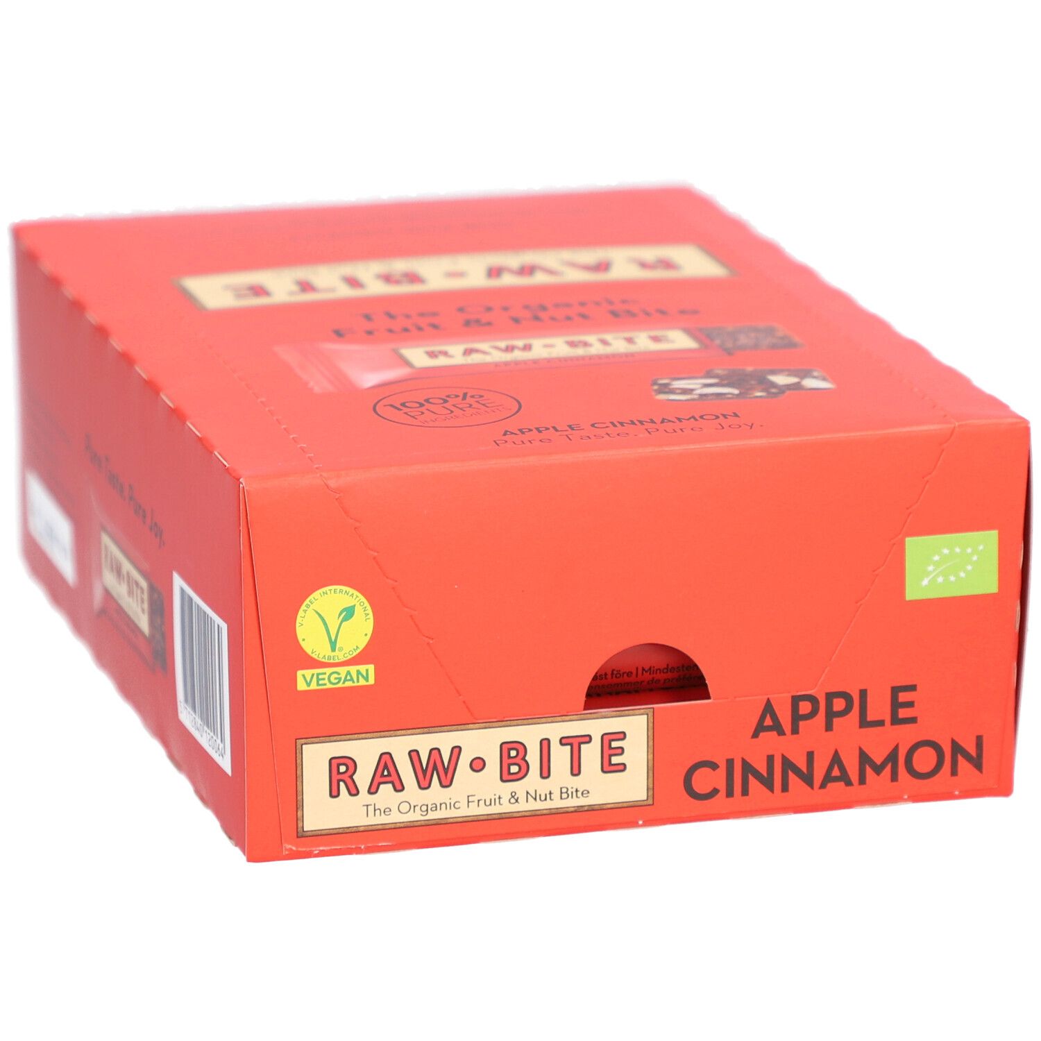 Boîte rouge avec logo "RAW BITE" et texte "APPLE CINNAMON". Label Vegan.