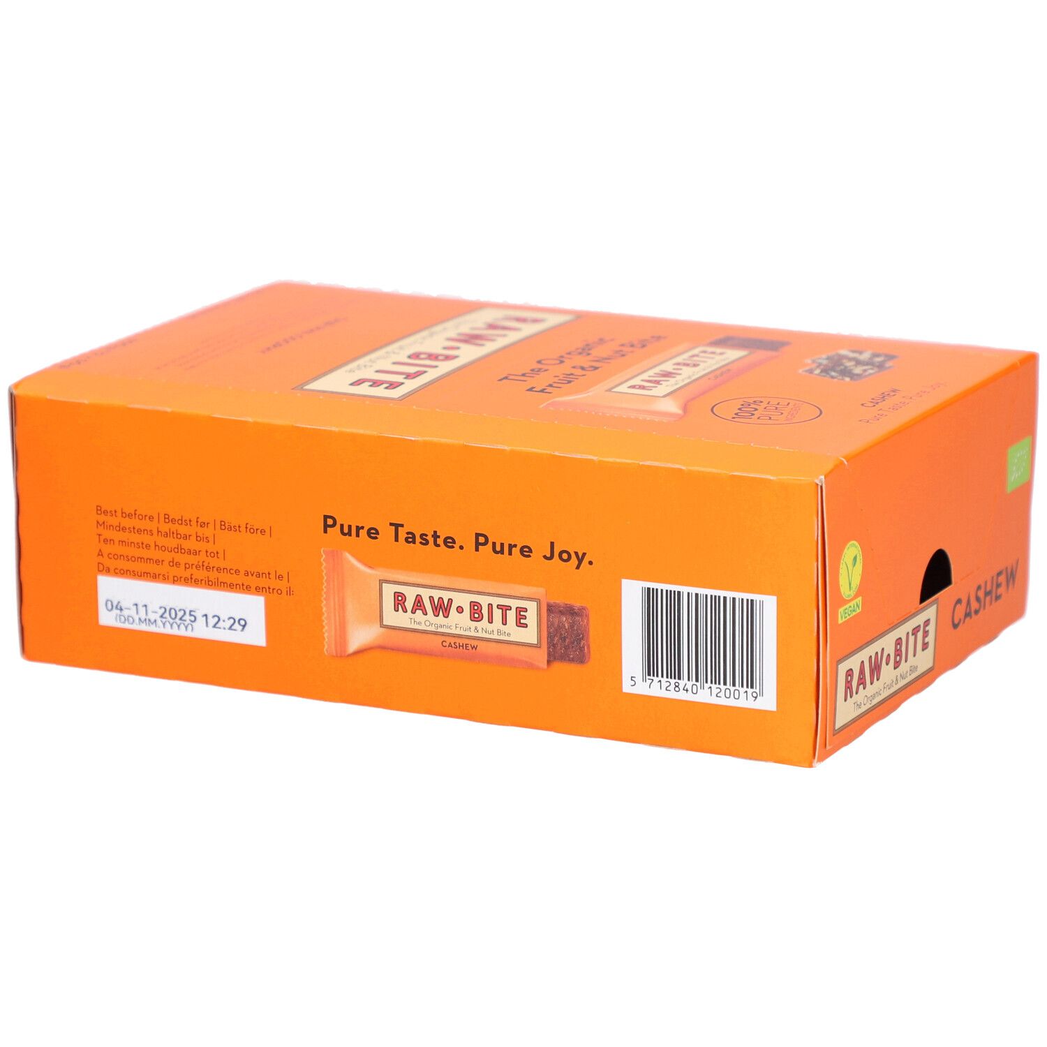 Emballage en carton orange. Logo RAWBITE, image de barre Cashew. Code-barres et date de péremption.