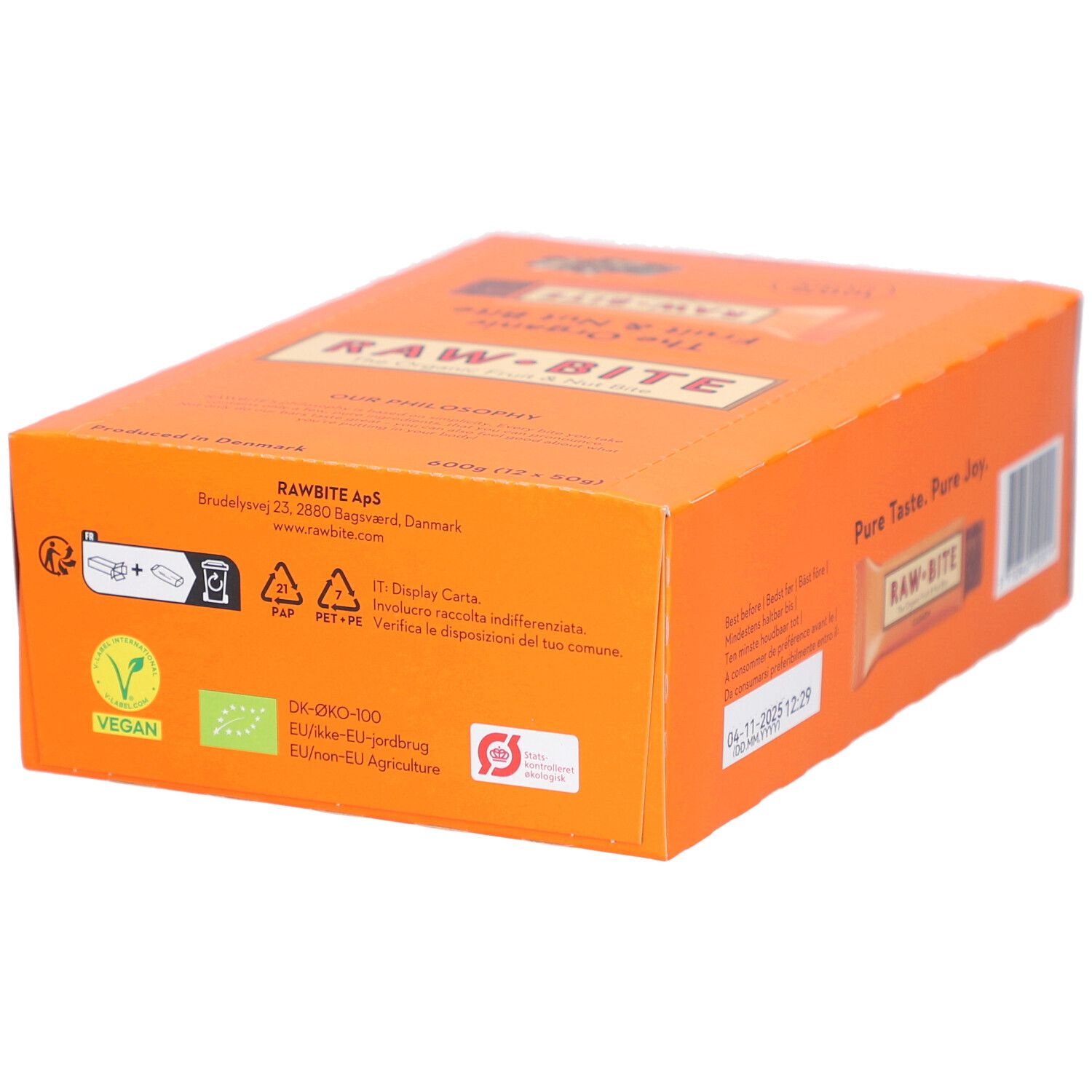 Boîte en carton orange avec logo RAWBITE. Labels végétalien et bio. Informations fabricant et ingrédients.
