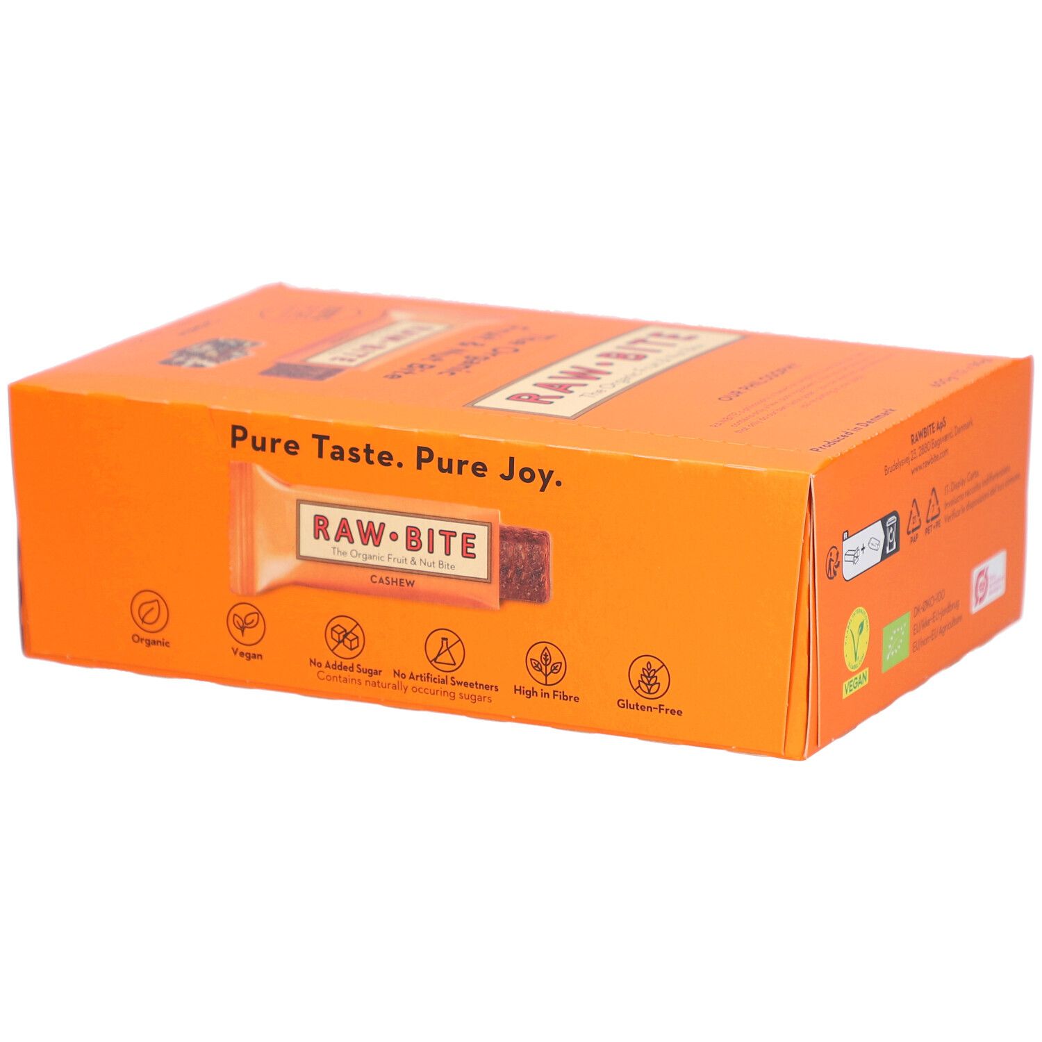 Boîte en carton orange avec logo RAWBITE. Végétalien, sans sucre ajouté, sans gluten. Image barre Cashew.
