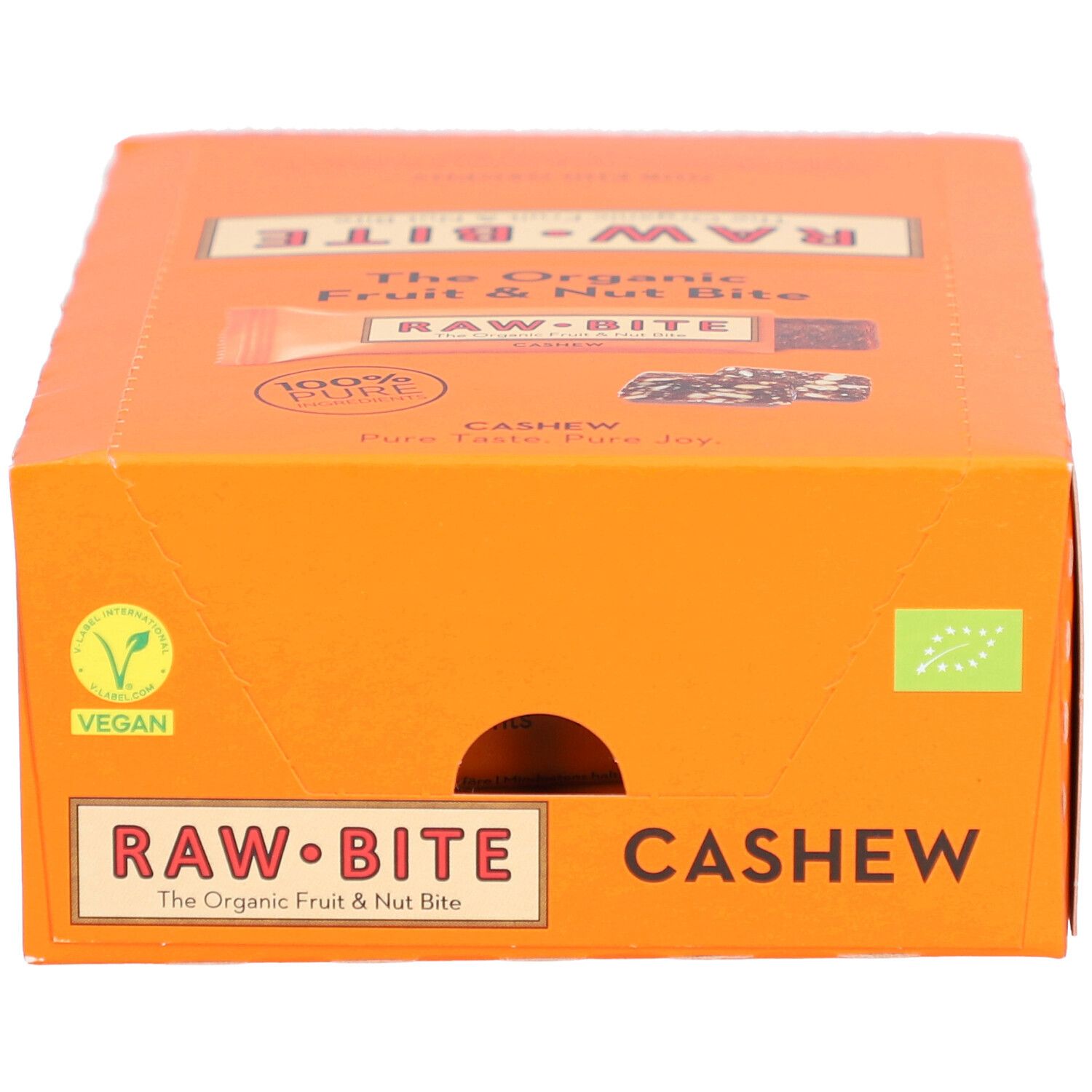 Boîte en carton orange avec logo RAWBITE et inscription Cashew. Labels végétalien et bio. Image de barre.