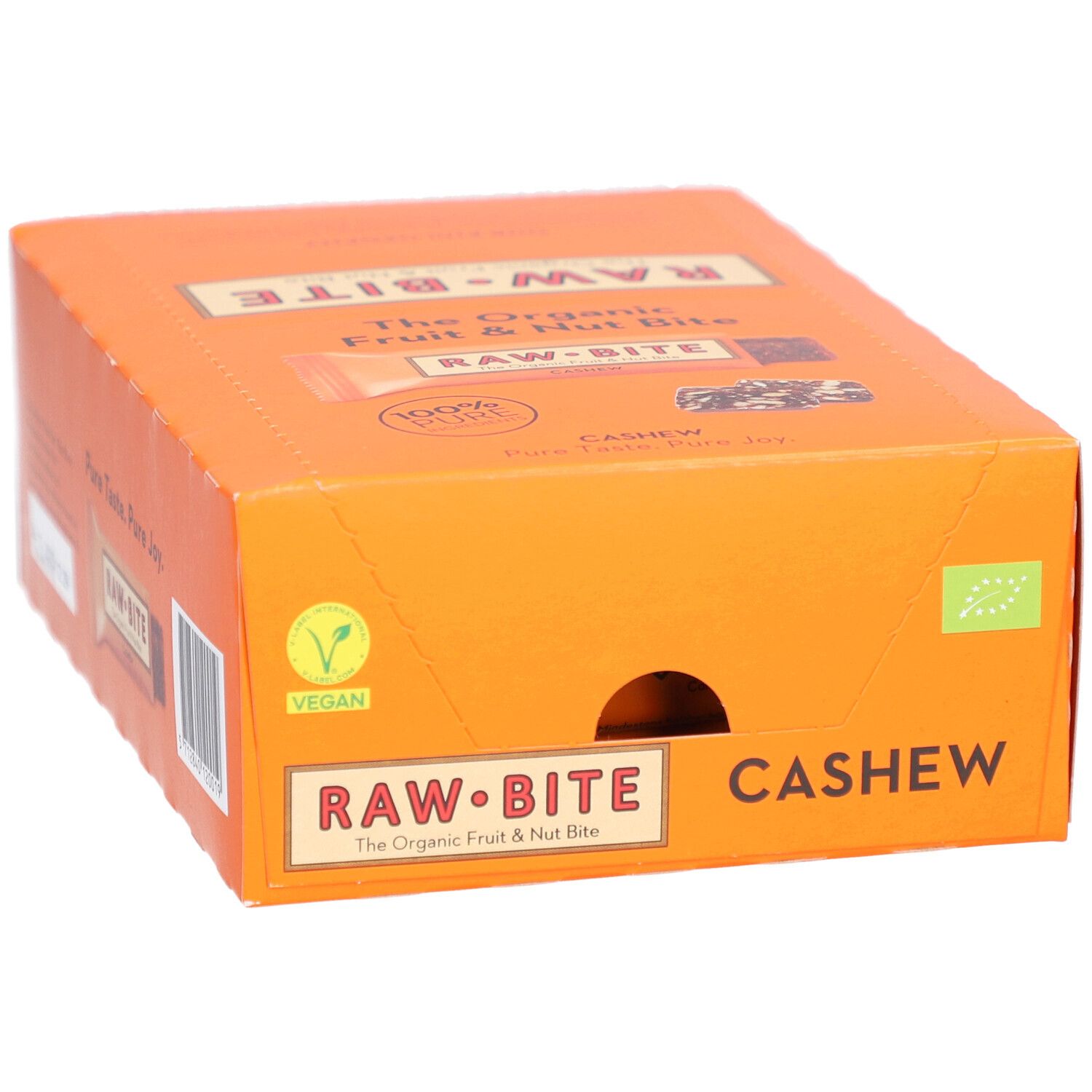 Boîte en carton orange avec logo RAWBITE et inscription Cashew. Labels végétalien et bio. Image de barre.