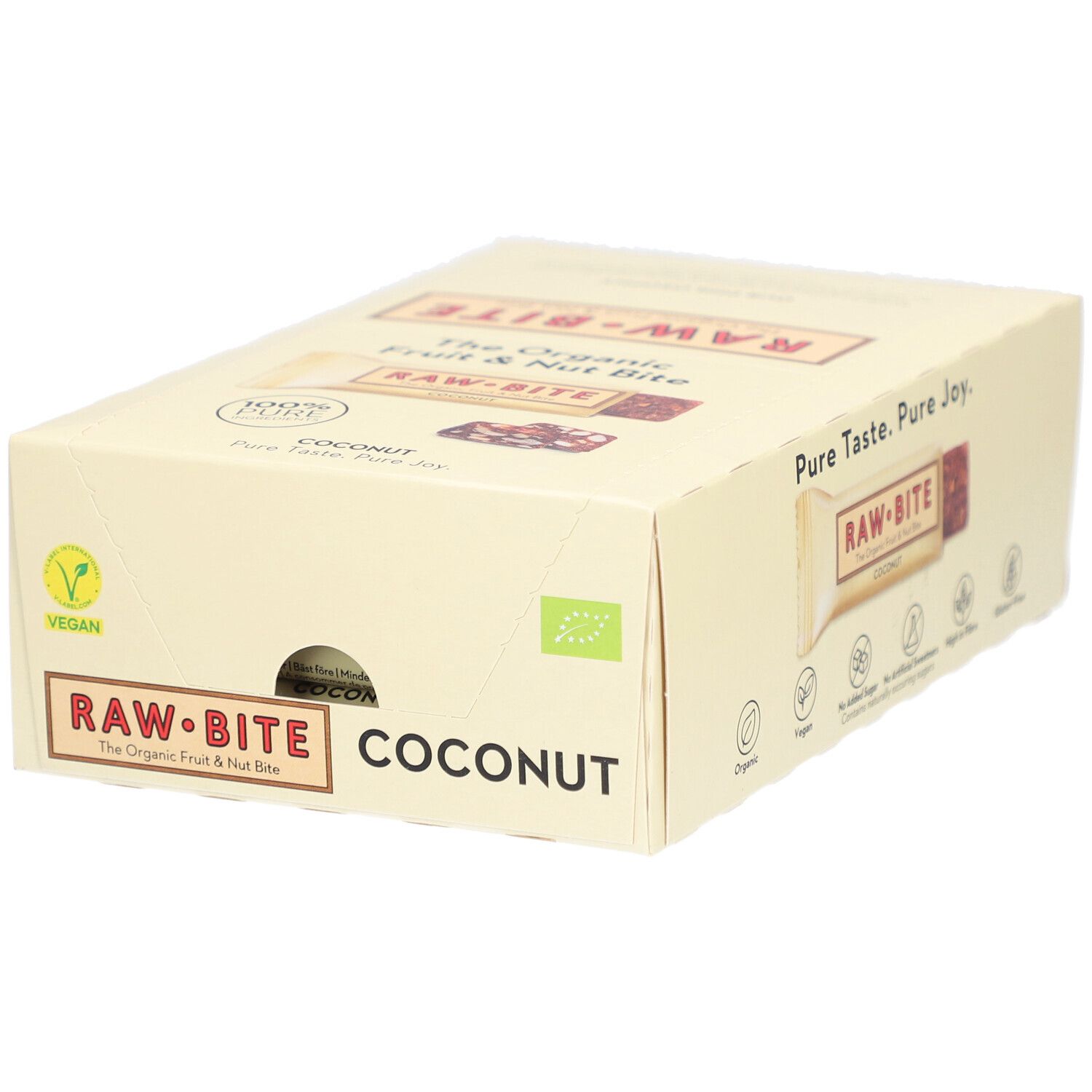 Boîte de barres RAWBITE noix et fruits à la noix de coco. Vegan, label bio. Inscription : Pure Taste. Pure Joy.