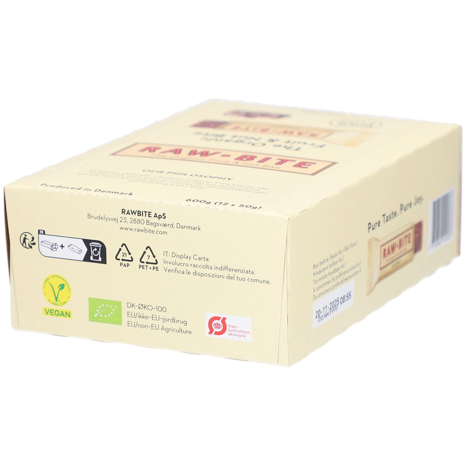 Boîte de barres RAWBITE noix et fruits à la noix de coco. Vegan, label bio. Inscription : Pure Taste. Pure Joy. 600g (12 x 50g).