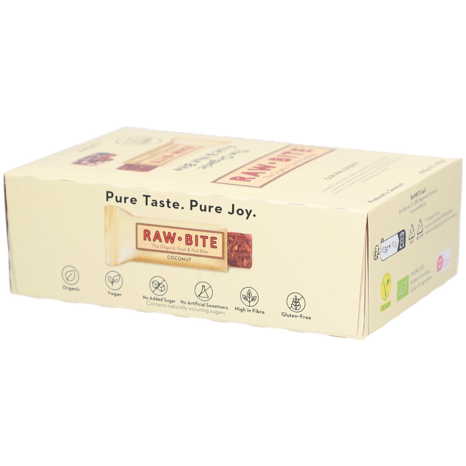 Boîte de barres RAWBITE noix et fruits à la noix de coco. Vegan, label bio. Inscription : Pure Taste. Pure Joy. Sans sucres ajoutés.