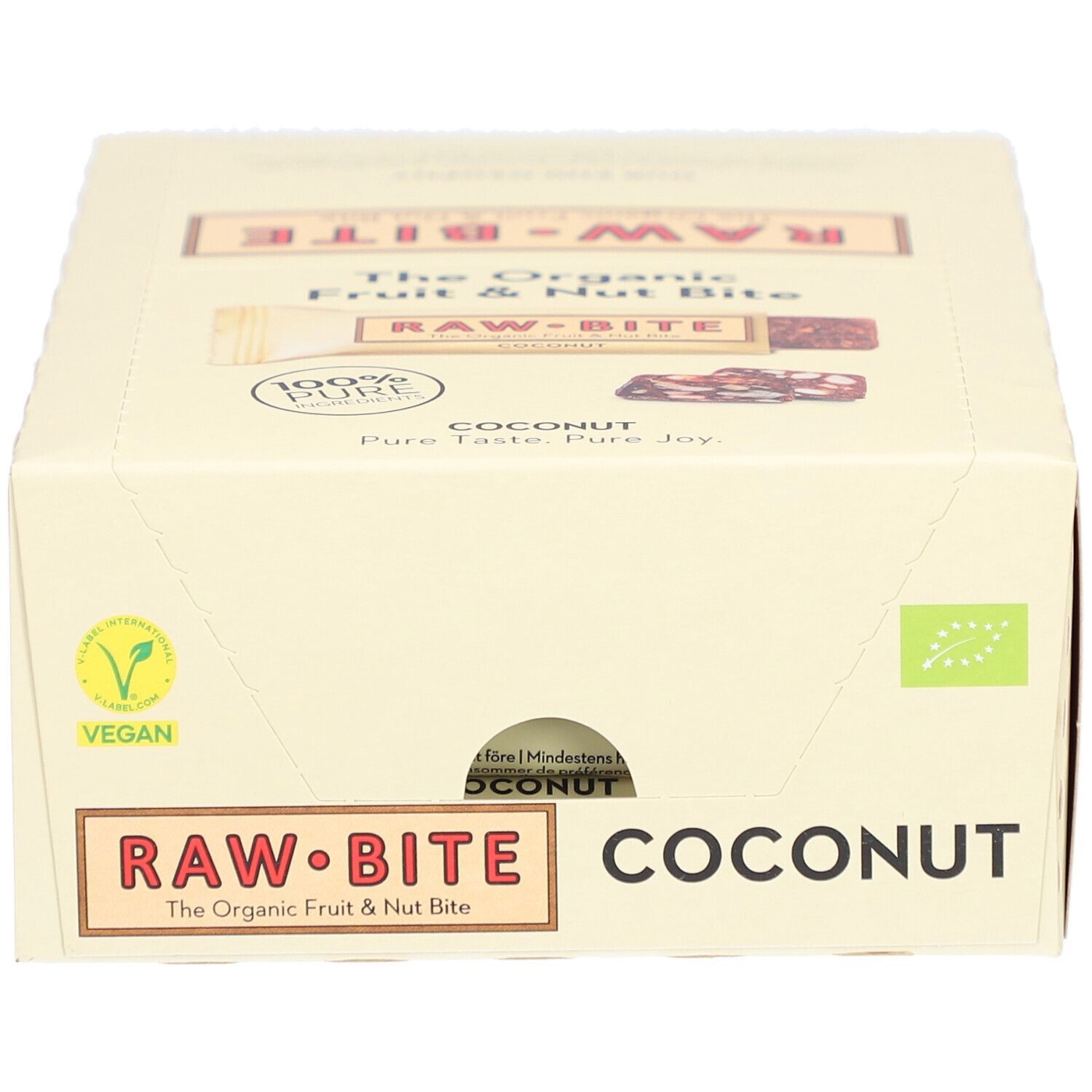 Boîte de barres RAWBITE noix et fruits à la noix de coco. Vegan, label bio. Inscription : COCONUT, RAWBITE, Pure Taste. Pure Joy.