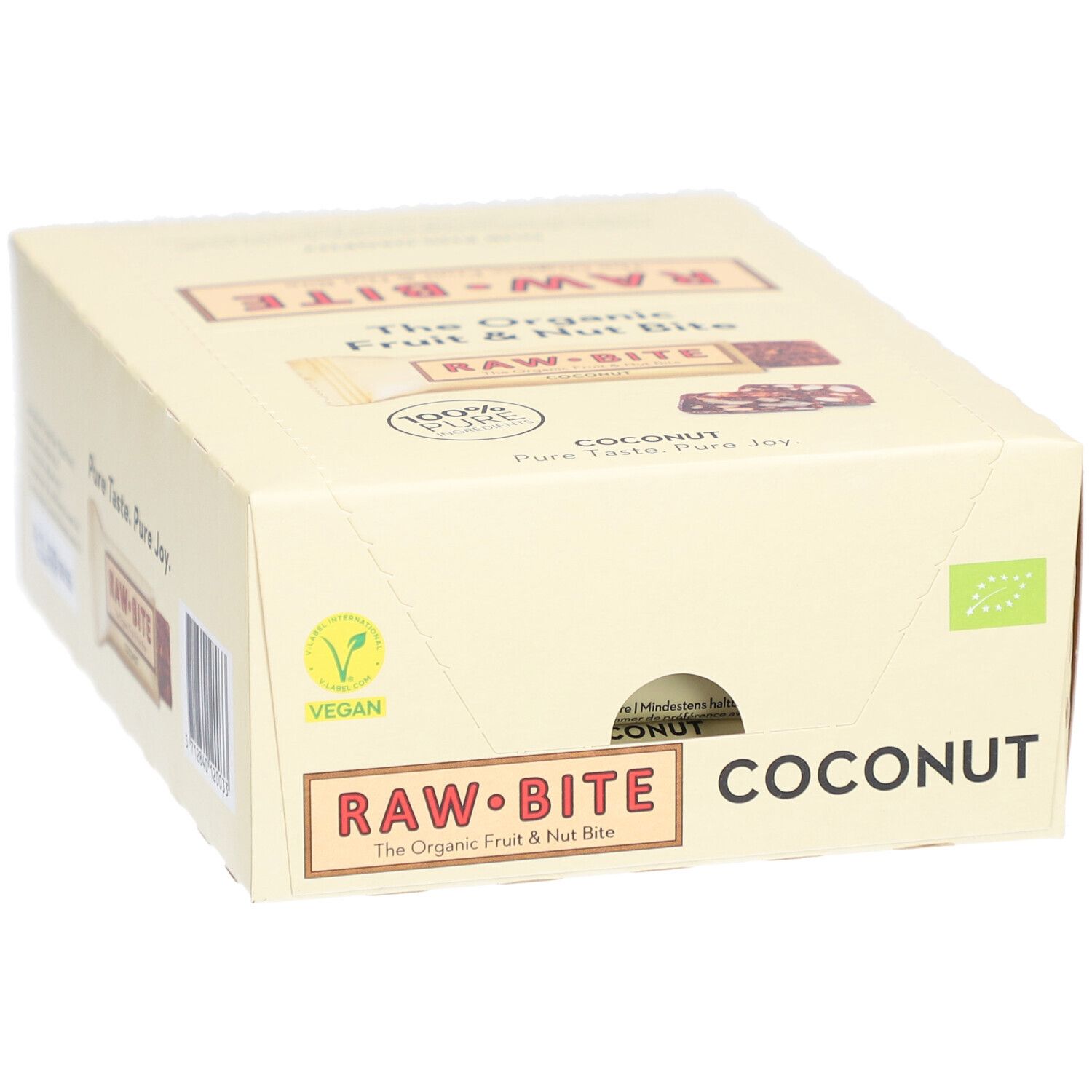 Boîte de barres RAWBITE noix et fruits à la noix de coco. Vegan, label bio. Inscription : COCONUT, RAWBITE, Pure Taste. Pure Joy.