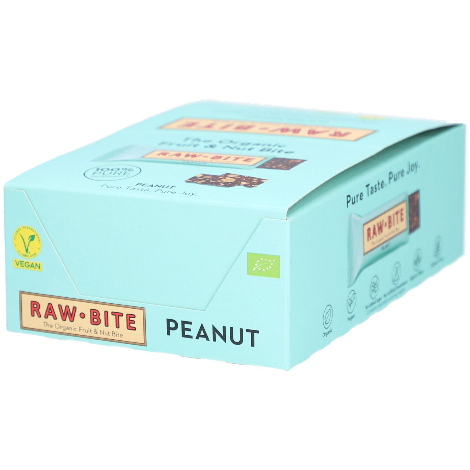 Boîte bleu clair de barres RAWBITE. Inscription PEANUT. Logo végétalien. Impression: The Organic Fruit & Nut Bite.