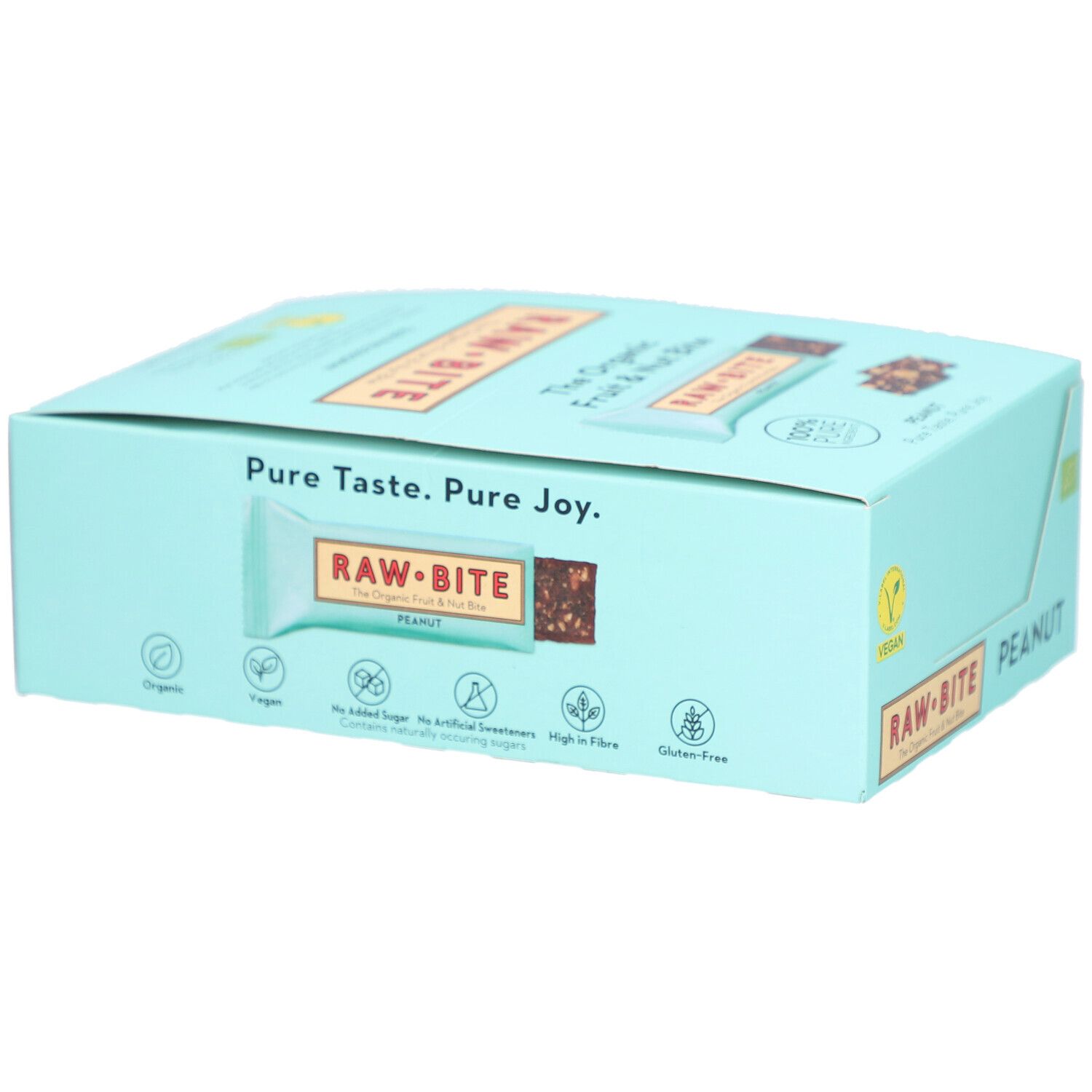 Boîte bleu clair de barres RAWBITE. Inscription PEANUT. Logos: Organic, Vegan, sans sucres ajoutés, riche en fibres, sans gluten.