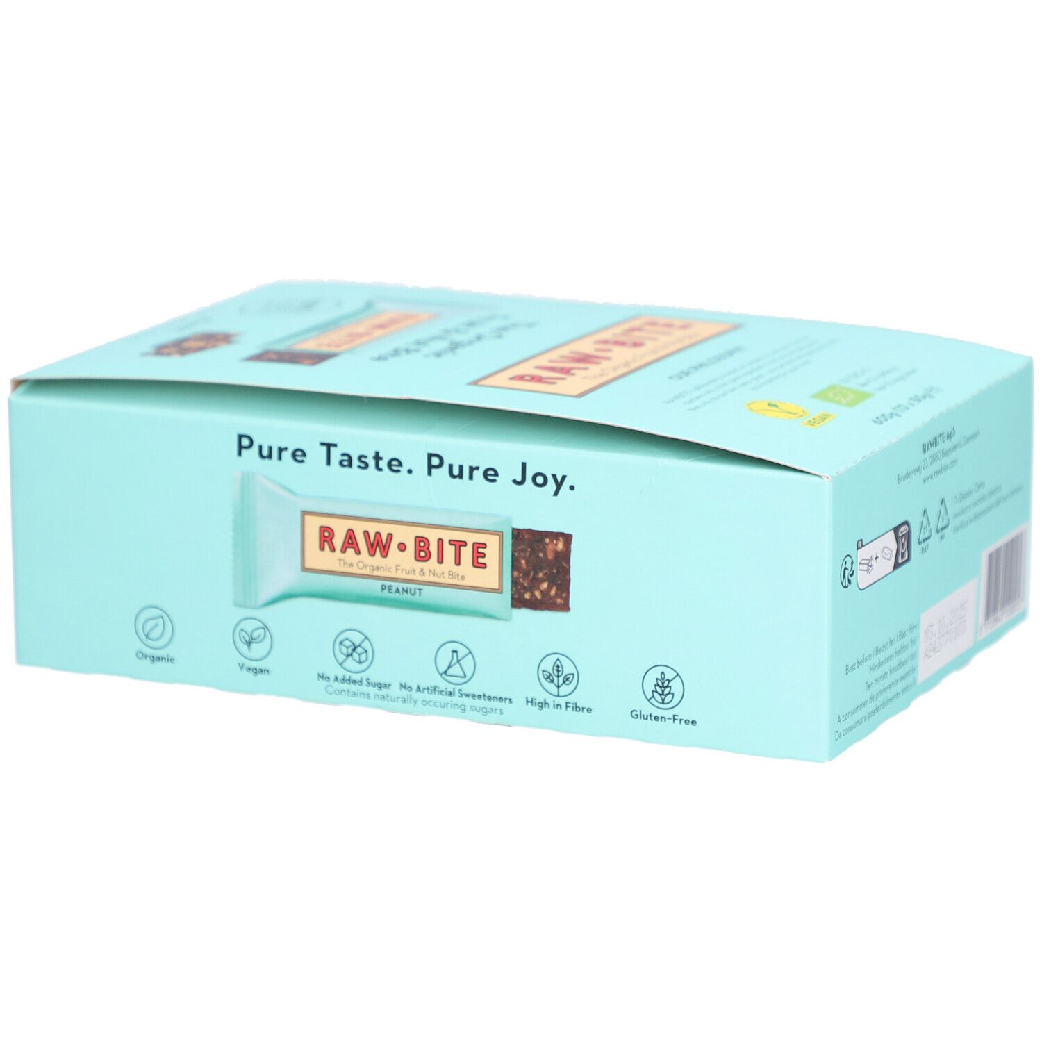 Boîte bleu clair de barres RAWBITE. Inscription PEANUT. Logos: Organic, Vegan, sans sucres ajoutés, riche en fibres, sans gluten.