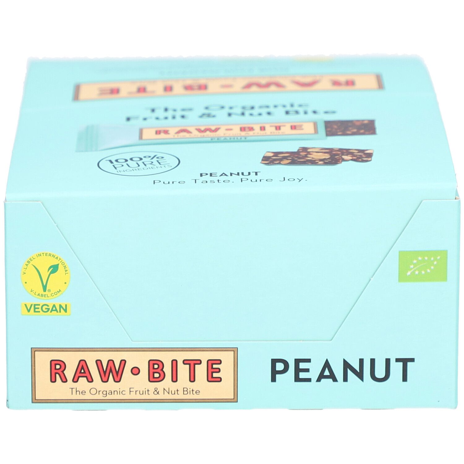 Boîte bleu clair de barres RAWBITE. Inscription PEANUT. Logo végétalien. Impression: The Organic Fruit & Nut Bite. 100% Pure.