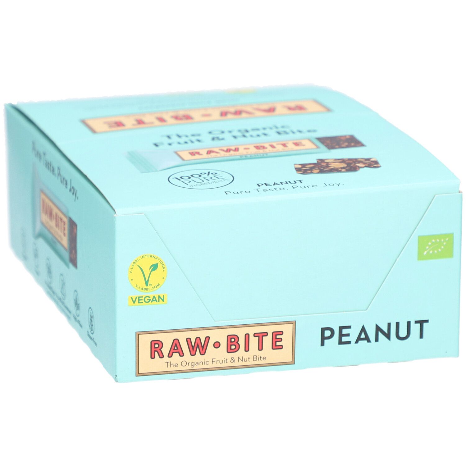 Boîte bleu clair de barres RAWBITE. Inscription PEANUT. Logo végétalien. Impression: The Organic Fruit & Nut Bite. Label bio.