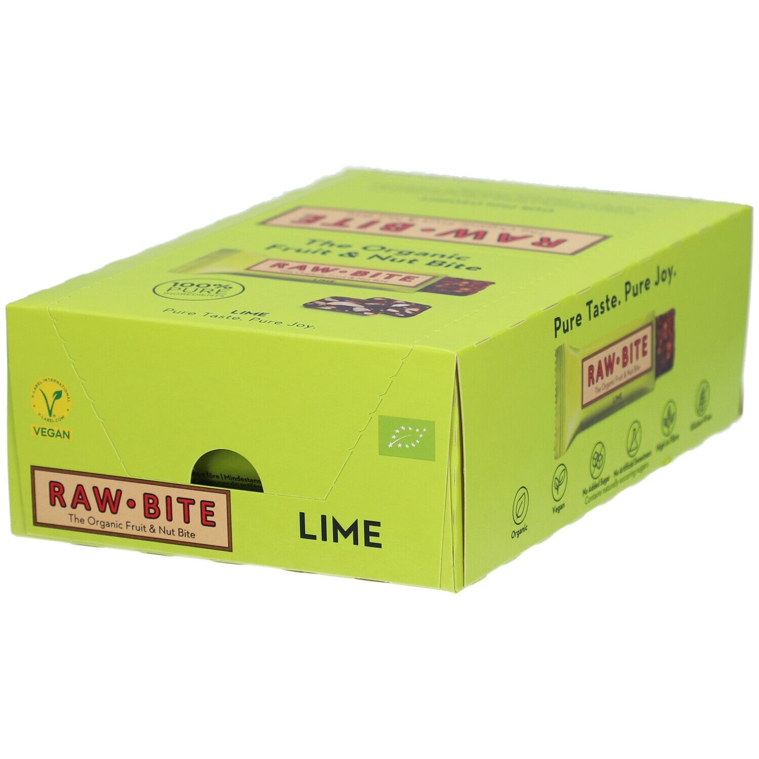 Boîte en carton verte avec le logo RAW BITE et l'inscription "LIME". Labels végétaliens et biologiques.