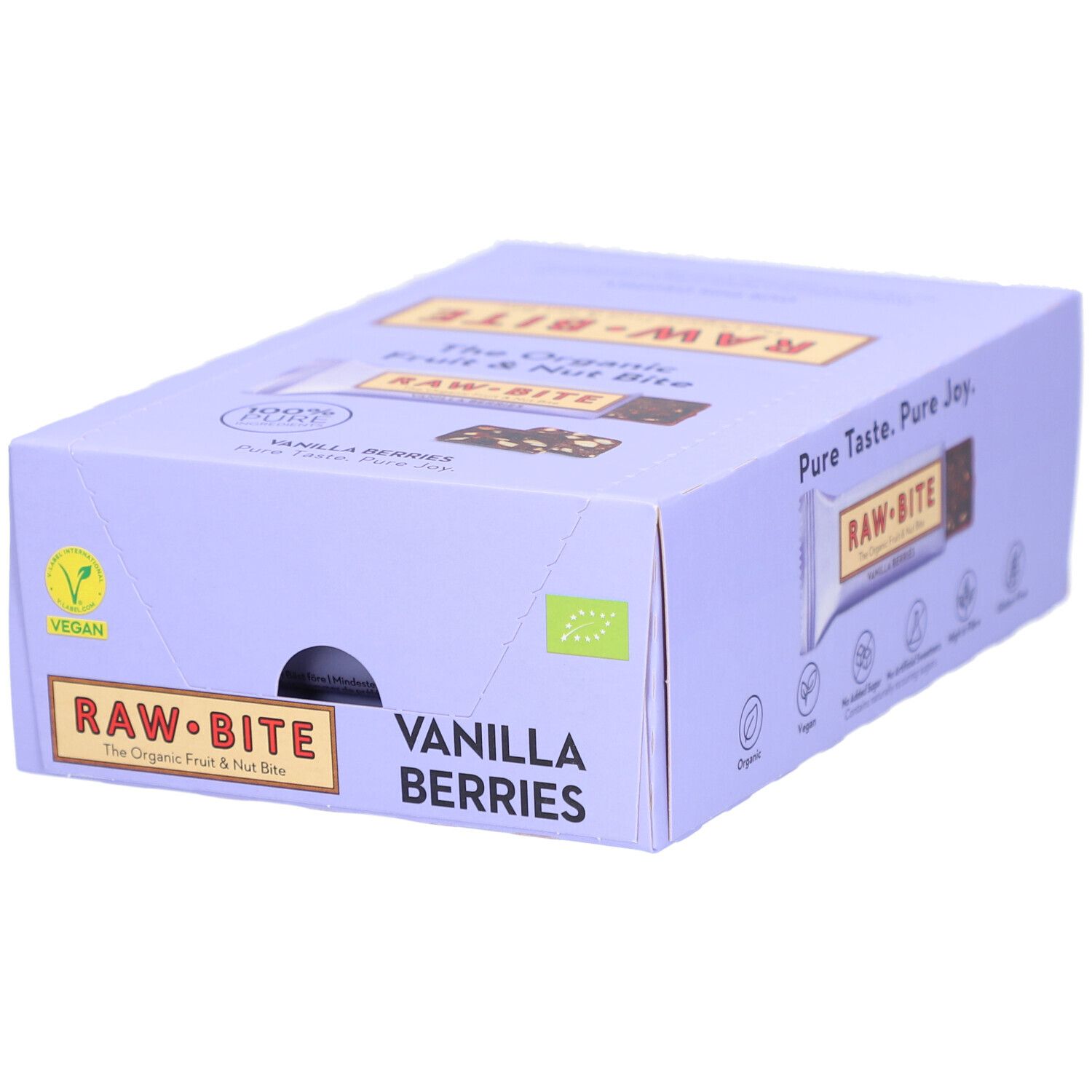 Boîte de barres RAWBITE. Inscription : Vanilla Berries, Vegan, label bio. Logo jaune-brun.