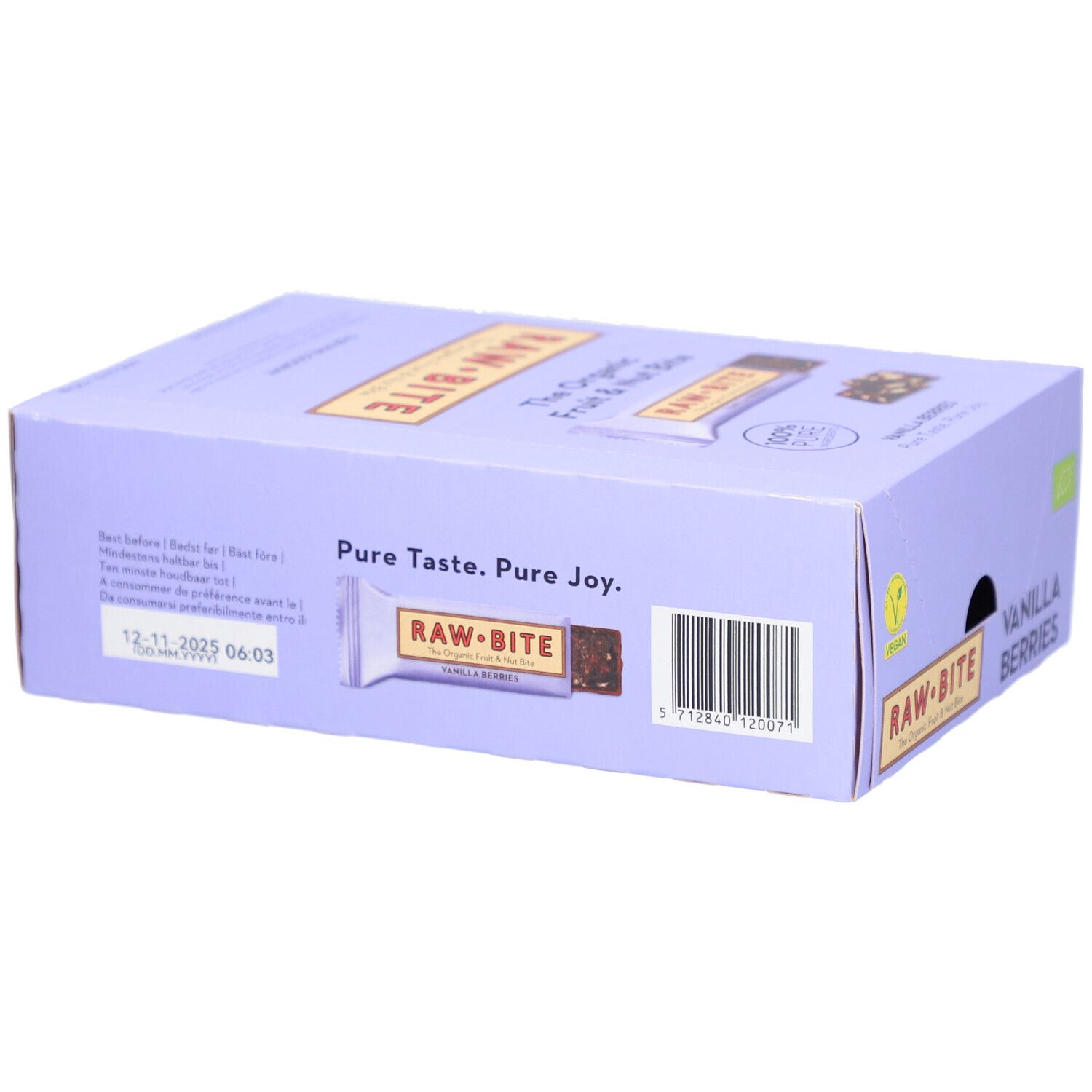 Boîte de barres RAWBITE. Inscription : Vanilla Berries. Code-barres et date de péremption.
