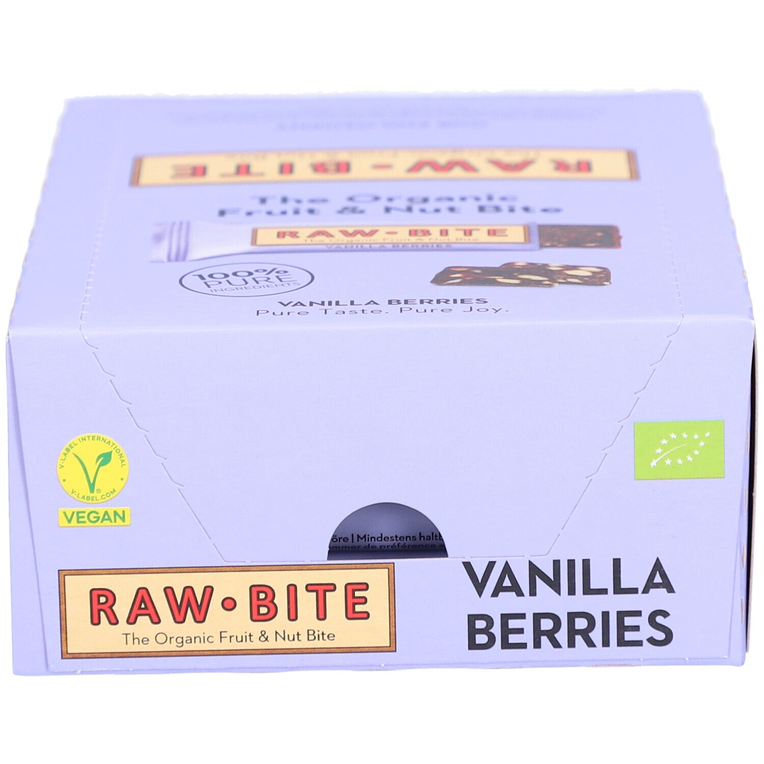 Boîte de barres RAWBITE. Inscription : Vanilla Berries, Vegan, label bio. Logo jaune-brun.