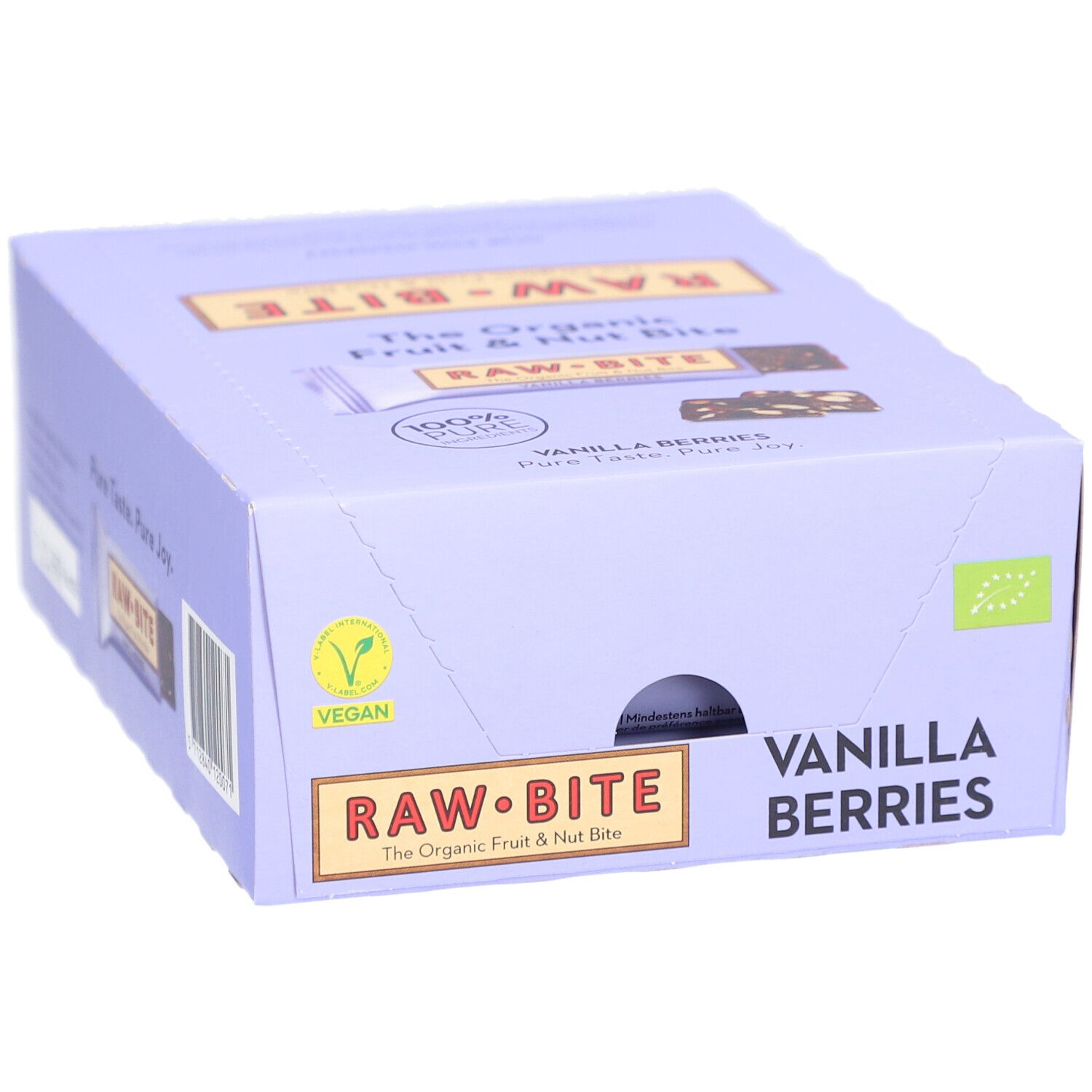 Boîte de barres RAWBITE. Inscription : Vanilla Berries, Vegan, label bio. Logo jaune-brun.
