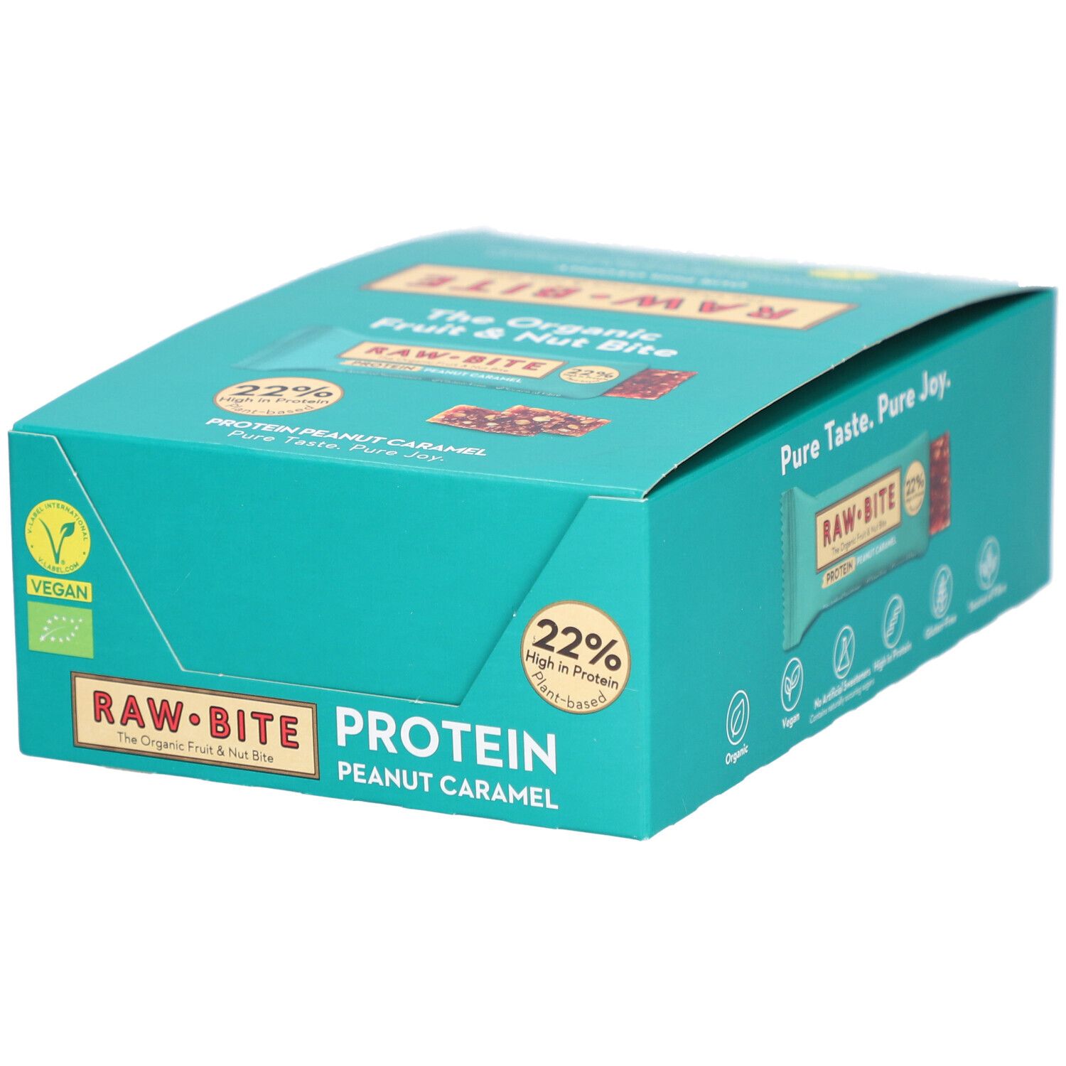Boîte turquoise avec barres RAWBITE Protein Peanut Caramel. Label Vegan, 22% de protéines. Inscription: The Organic Fruit & Nut Bite.