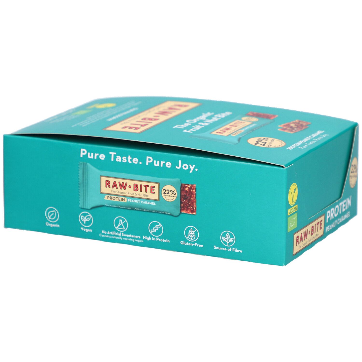 Boîte turquoise avec barres RAWBITE Protein Peanut Caramel. Label Vegan, 22% de protéines. Inscription: Pure Taste. Pure Joy.