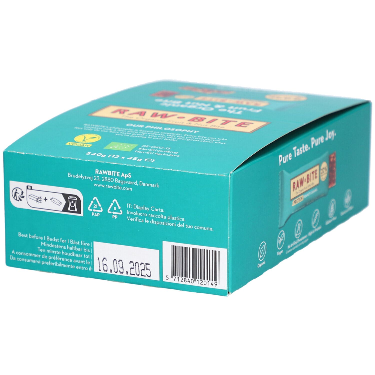 Boîte turquoise avec barres RAWBITE Protein Peanut Caramel. Impression: 16.09.2025. Code-barres. Label Vegan. 22% protéines. Pure Taste. Pure Joy.