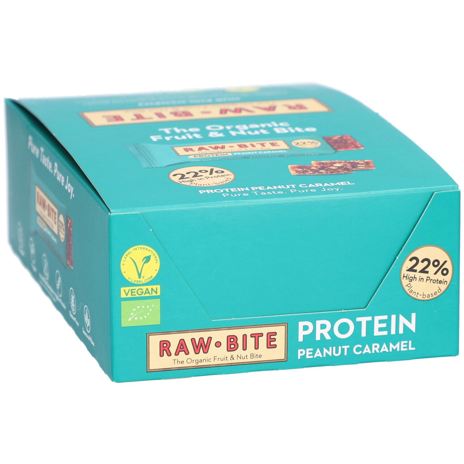 Boîte turquoise avec barres RAWBITE Protein Peanut Caramel. Label Vegan. 22% protéines, végétal. Inscription: The Organic Fruit & Nut Bite.