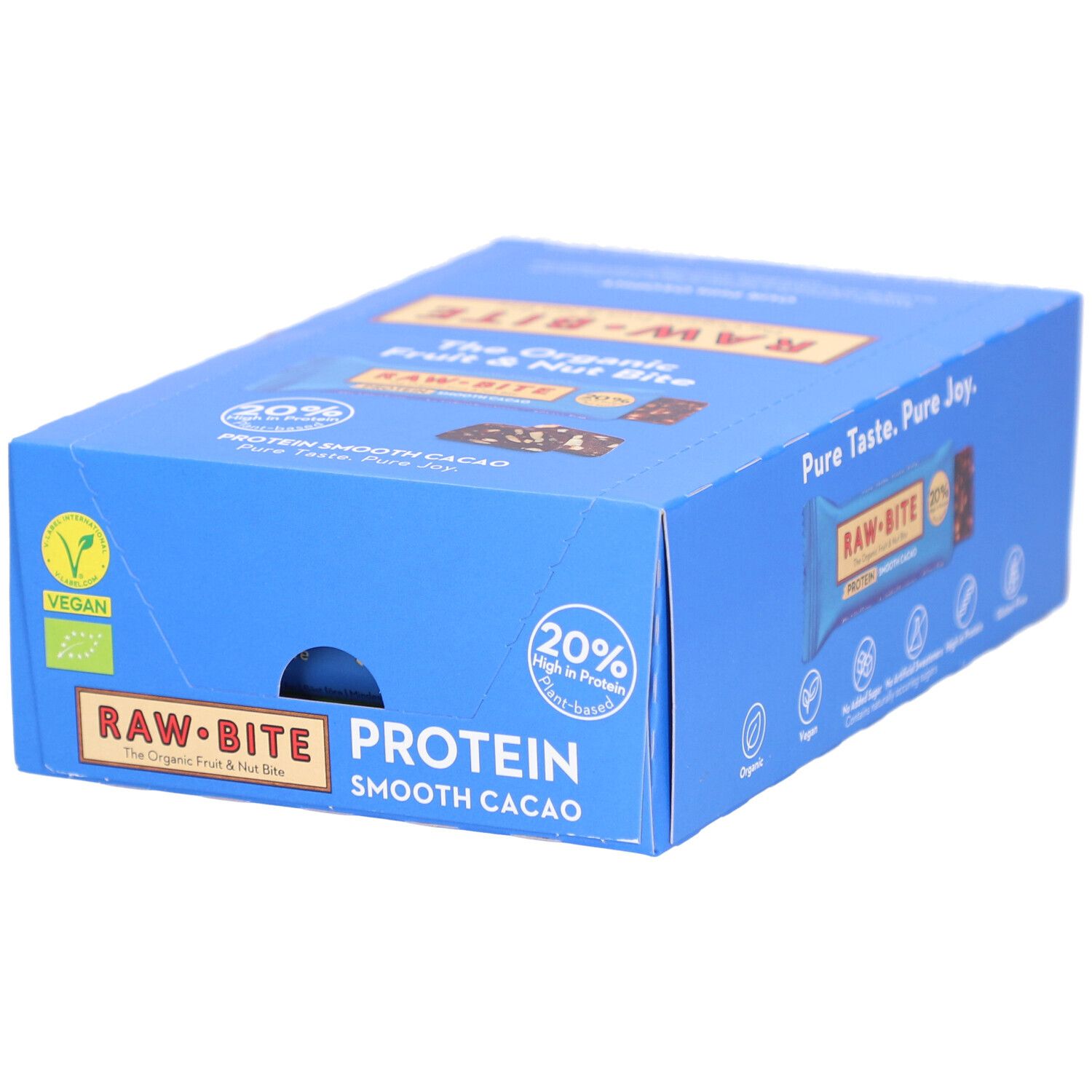 Boîte bleue RAWBITE Protein Smooth Cacao. Label Vegan. 20% de protéines. Inscription: The Organic Fruit & Nut Bite.