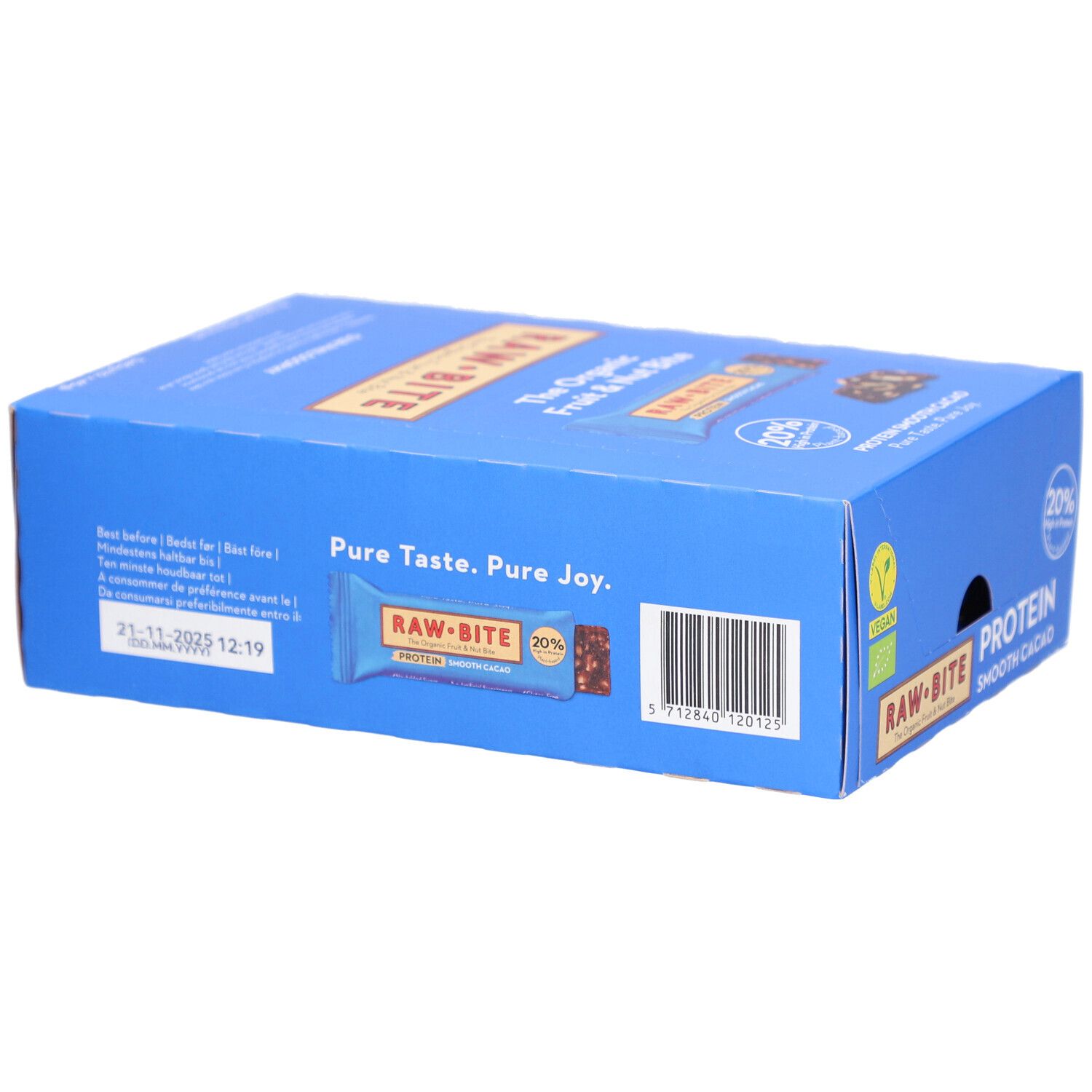 Boîte bleue RAWBITE Protein Smooth Cacao. Code-barres. 20% de protéines. Label Vegan. Date de péremption.