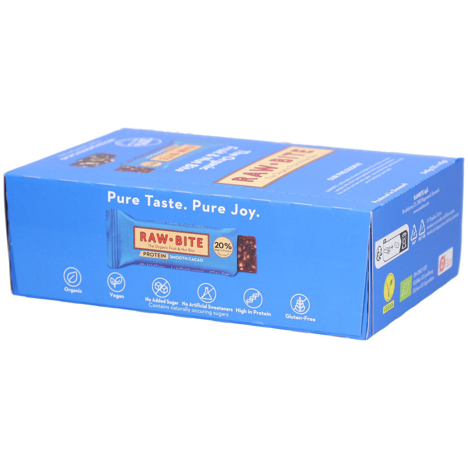 Boîte bleue RAWBITE Protein Smooth Cacao. Label Vegan. 20% de protéines. Texte: Pure Taste. Pure Joy.