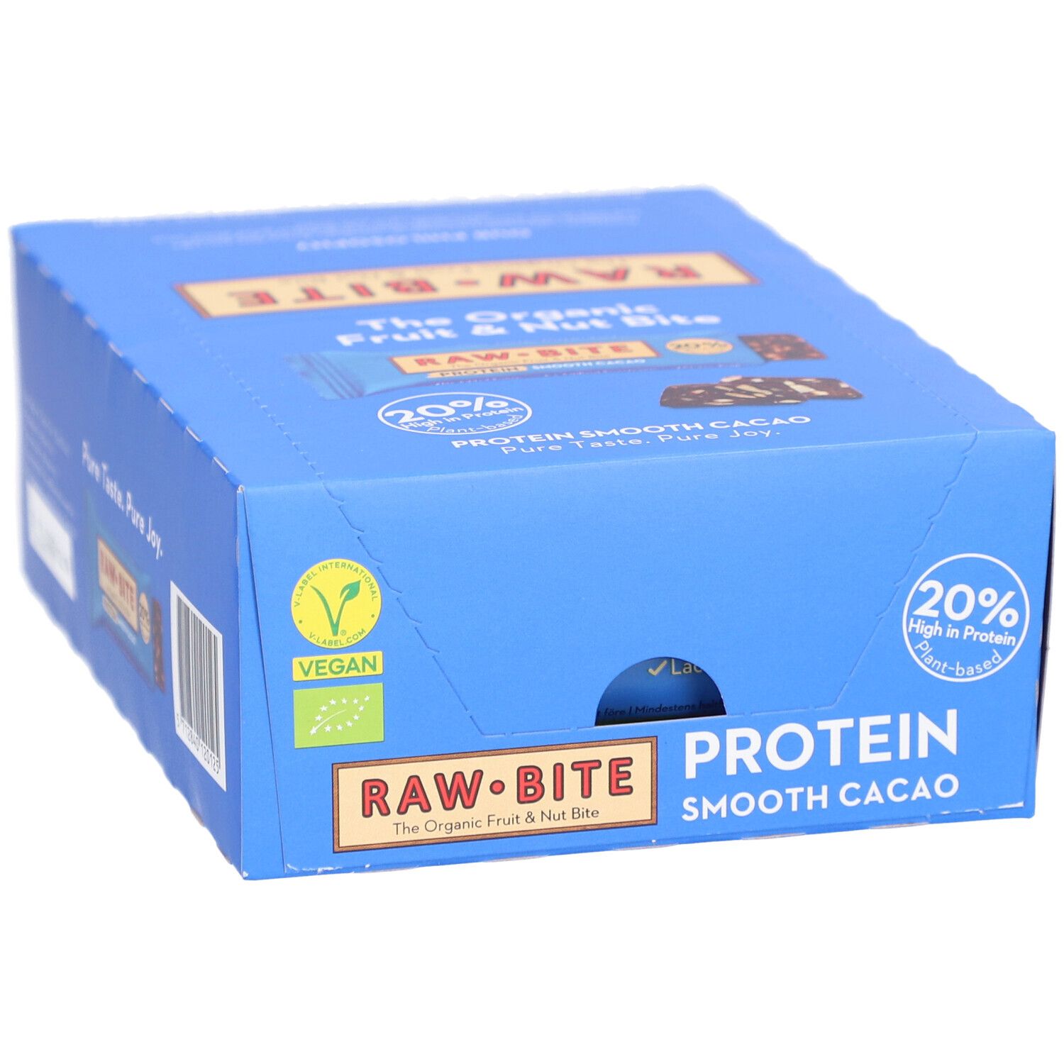 Boîte bleue RAWBITE Protein Smooth Cacao. Label Vegan. 20% de protéines. Inscription: The Organic Fruit & Nut Bite.