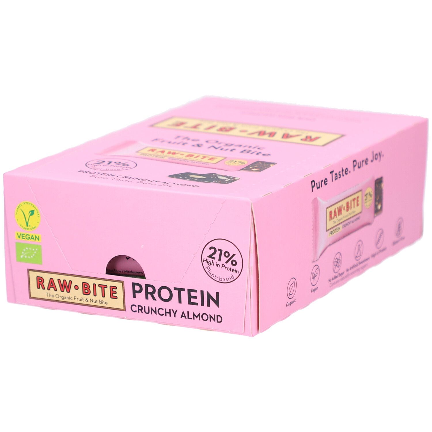 Boîte rose RAWBITE Protein Crunchy Almond. Label Vegan et 21% de protéines. Inscription: The Organic Fruit & Nut Bite.