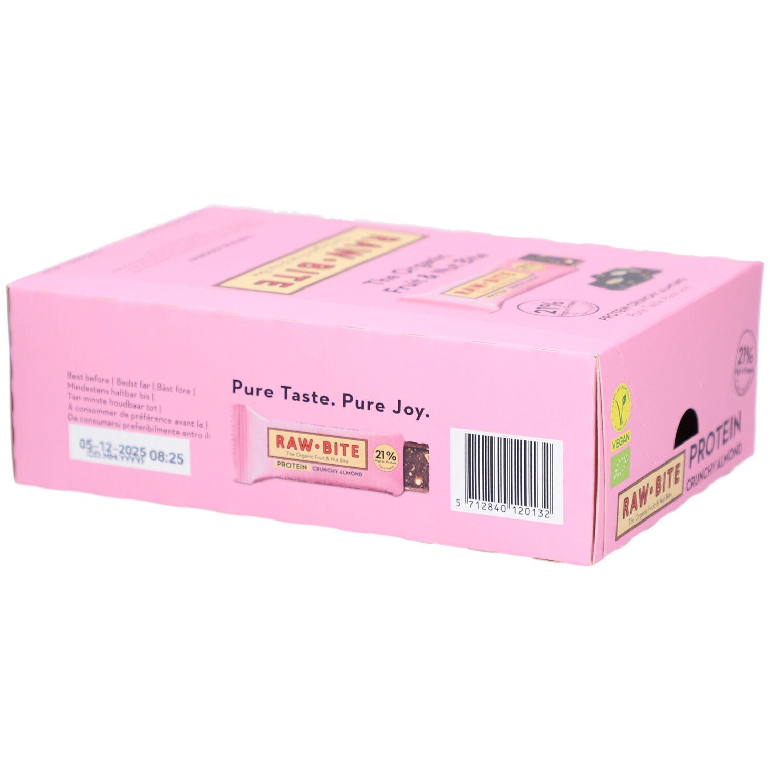 Boîte rose RAWBITE Protein Crunchy Almond. Code-barres et date de péremption. Inscription: The Organic Fruit & Nut Bite.