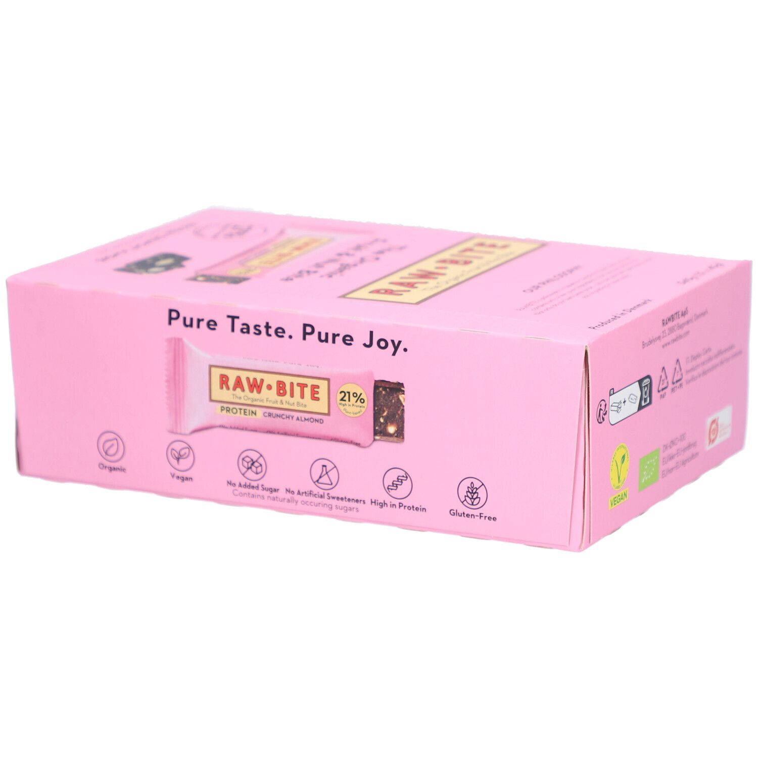 Boîte rose RAWBITE Protein Crunchy Almond. Label Vegan et sans gluten. Inscription: The Organic Fruit & Nut Bite.