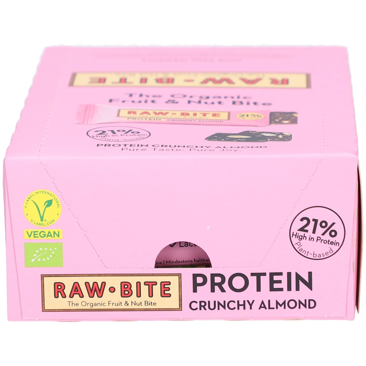 Boîte rose RAWBITE Protein Crunchy Almond. Label Vegan et 21% de protéines. Inscription: The Organic Fruit & Nut Bite.