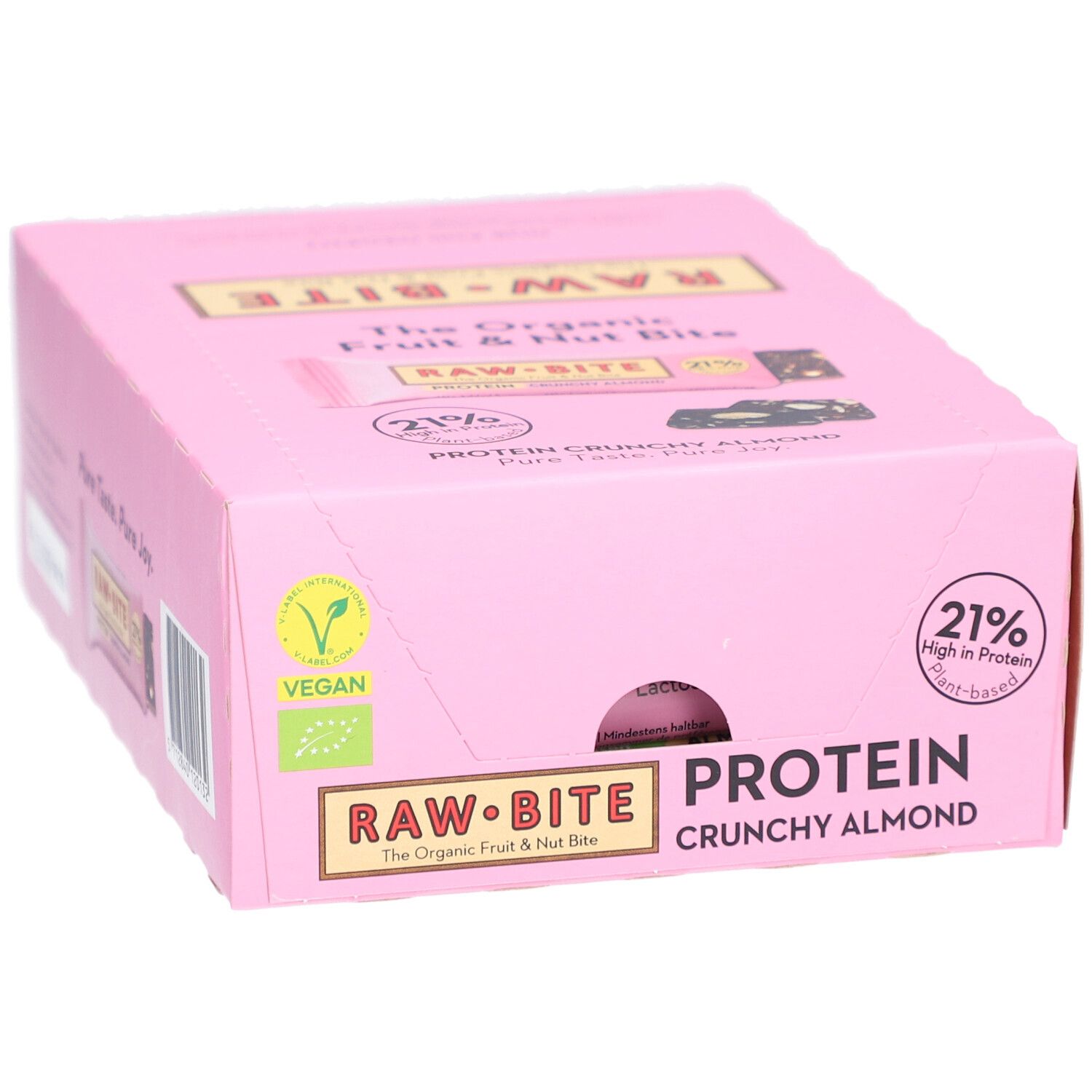Boîte rose RAWBITE Protein Crunchy Almond. Label Vegan et 21% de protéines. Inscription: The Organic Fruit & Nut Bite.