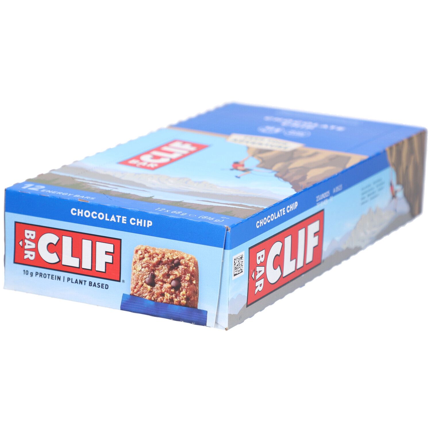 Boîte bleue de barres énergétiques Clif Bar Chocolate Chip. Inscription: 10g de protéines, végétal.