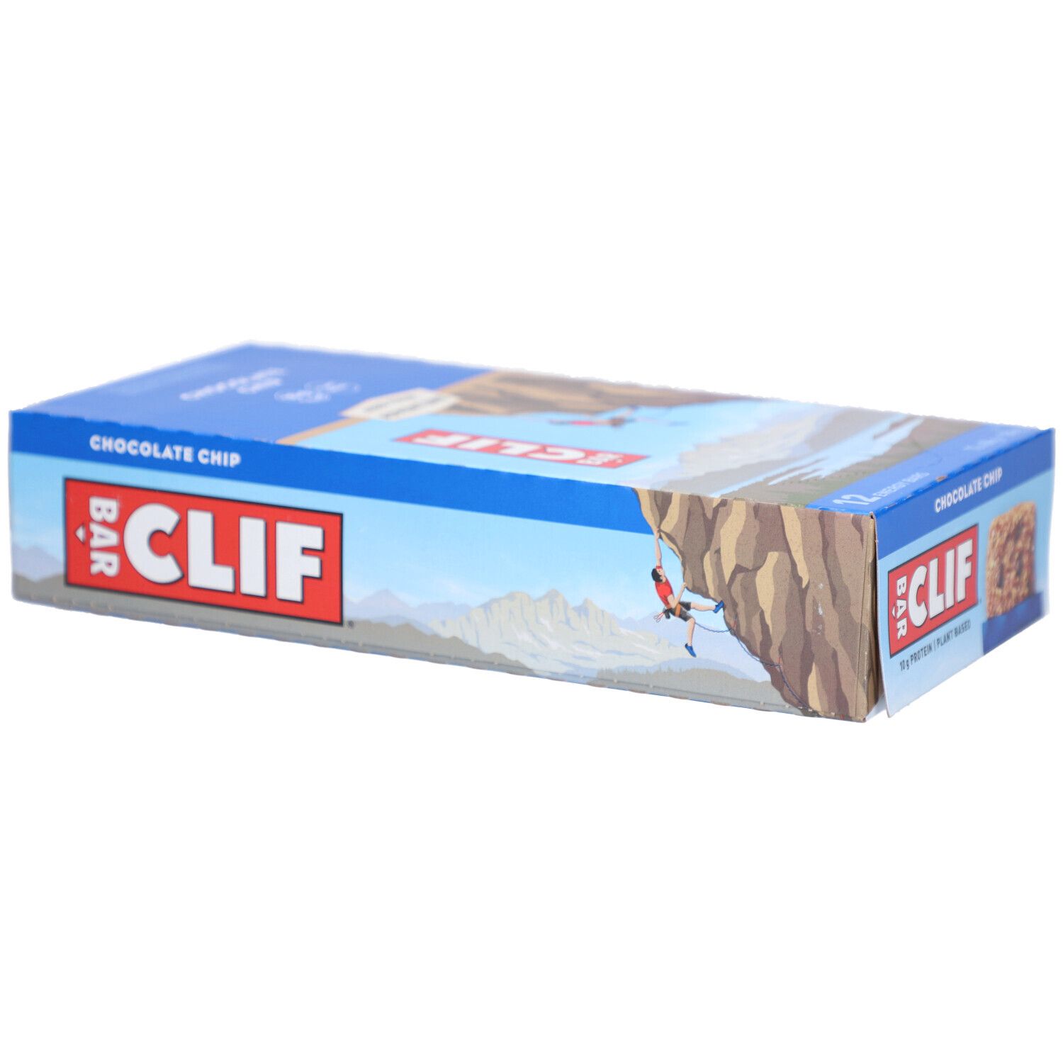 Emballage bleu Clif Bar Chocolate Chip. Inscription: Clif Bar, Chocolate Chip, grimpeur.