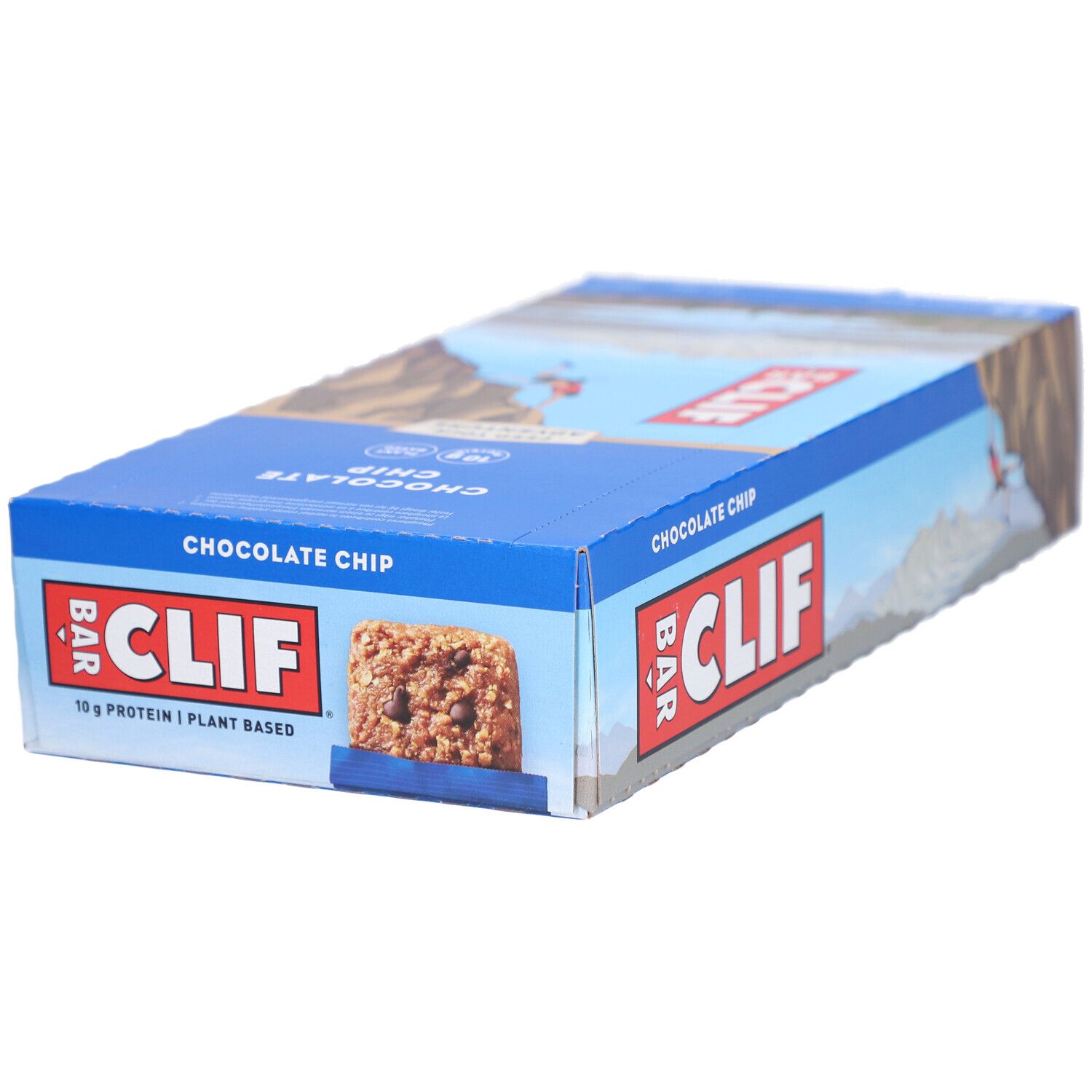 Emballage bleu Clif Bar Chocolate Chip. Inscription: Clif Bar, Chocolate Chip, image de barre.