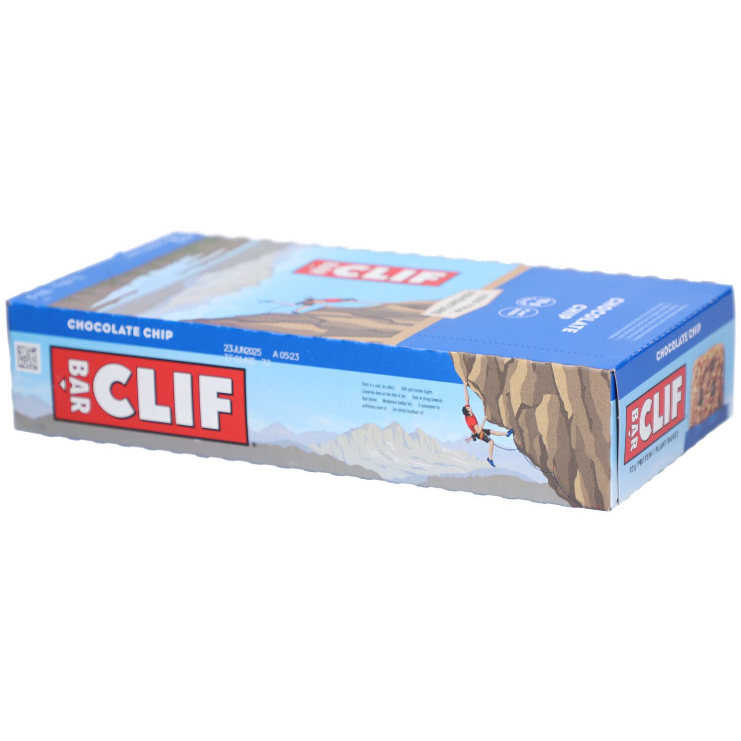 Emballage bleu Clif Bar Chocolate Chip. Inscription: Clif Bar, Chocolate Chip, grimpeur.