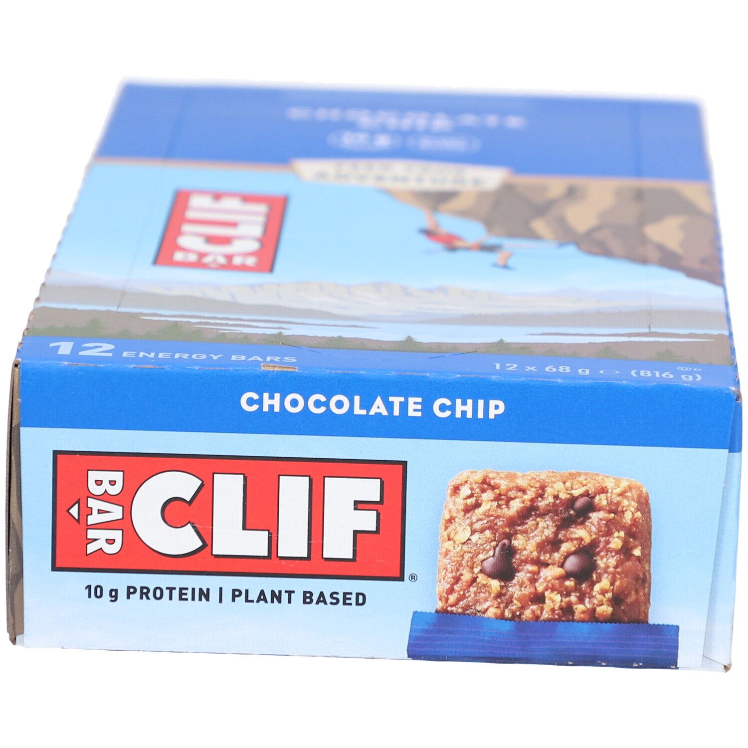 Boîte bleue Clif Bar Chocolate Chip. Inscription: 12 barres, Chocolate Chip, 10g protéines.