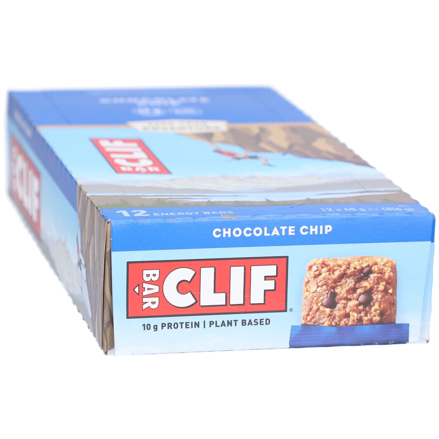 Boîte bleue Clif Bar Chocolate Chip. Inscription: 12 barres, Chocolate Chip, image de barre.