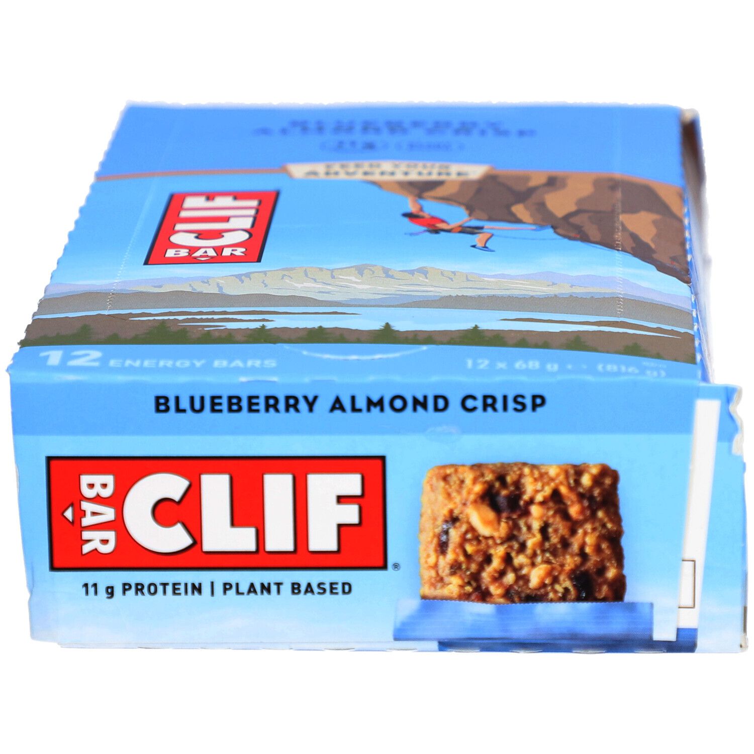 Emballage bleu et blanc CLIF Bar. Inscription Blueberry Almond Crisp. 12 barres.