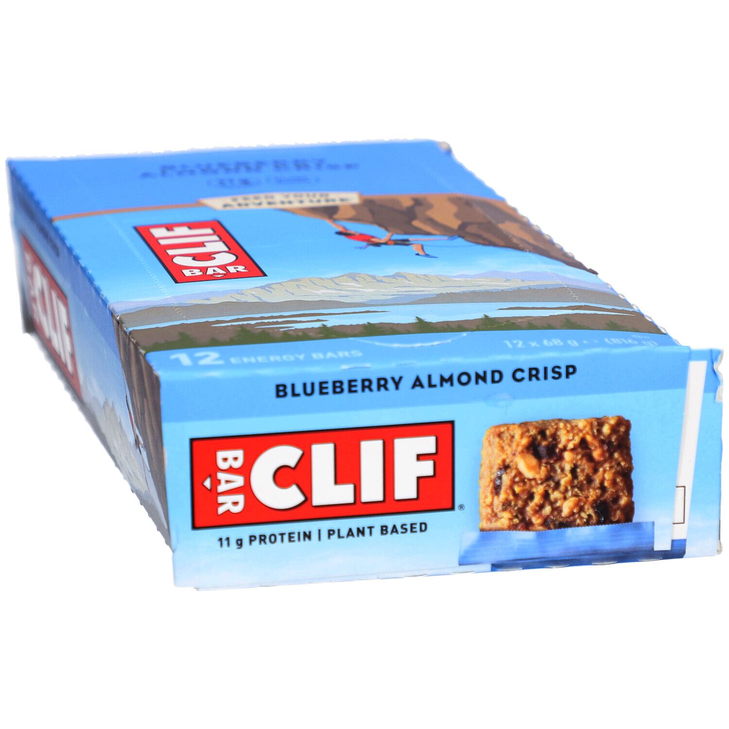 Emballage bleu et blanc CLIF Bar. Inscription Blueberry Almond Crisp. 12 barres.