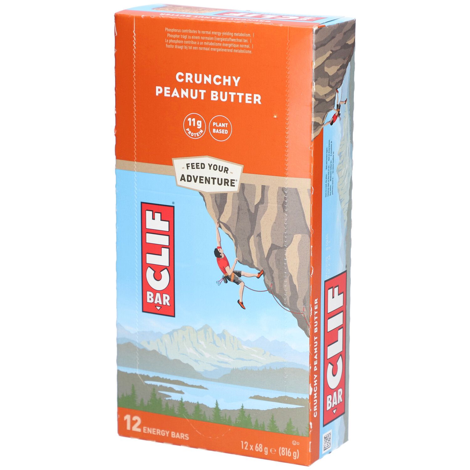 Boîte de 12 barres énergétiques Clif Bar Crunchy Peanut Butter. Emballage orange avec illustration d'un grimpeur.