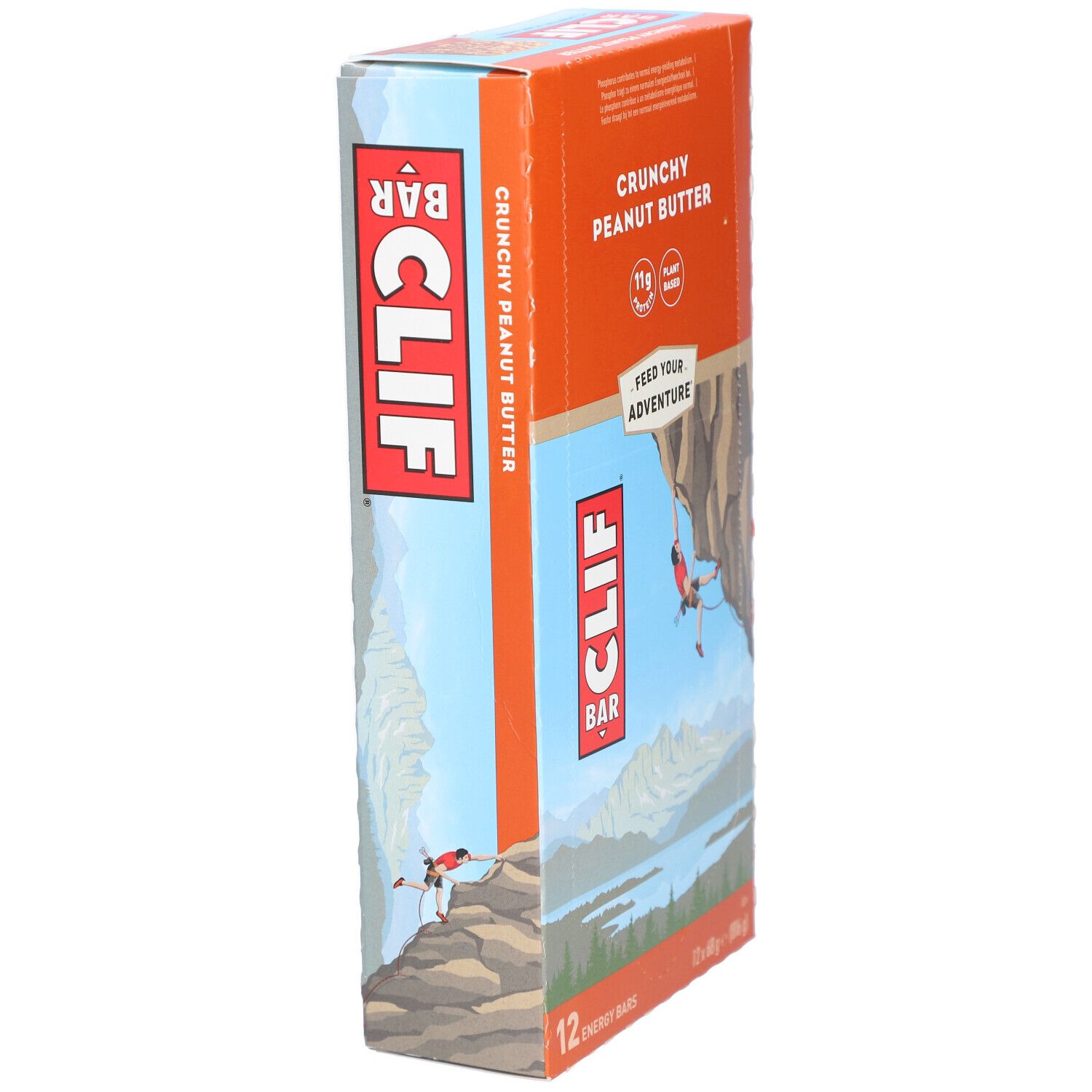 Vue latérale de l'emballage Clif Bar Crunchy Peanut Butter. Couleurs orange et bleu avec illustration d'un grimpeur.