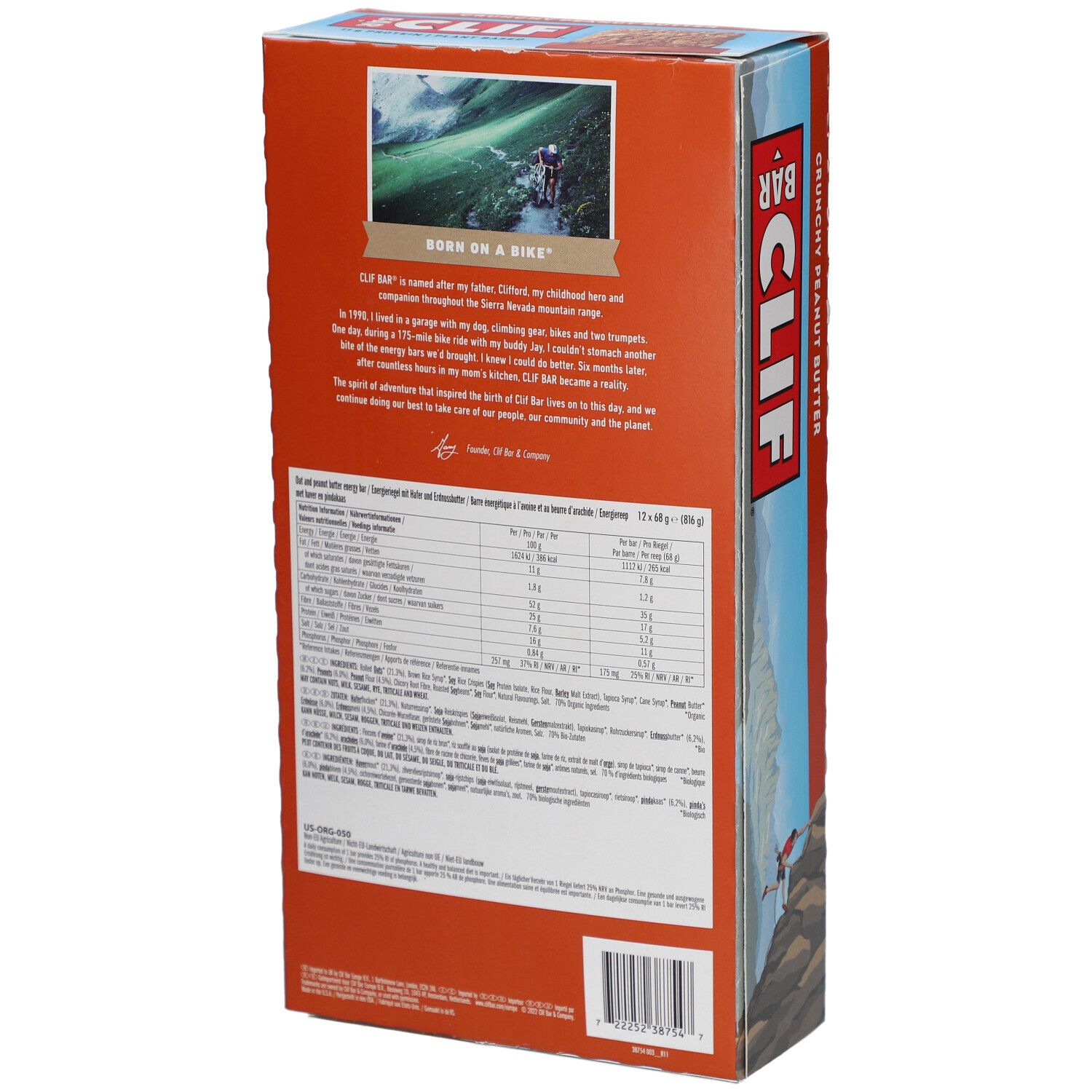 Dos de l'emballage Clif Bar Crunchy Peanut Butter. Contient des informations nutritionnelles et sur le produit.