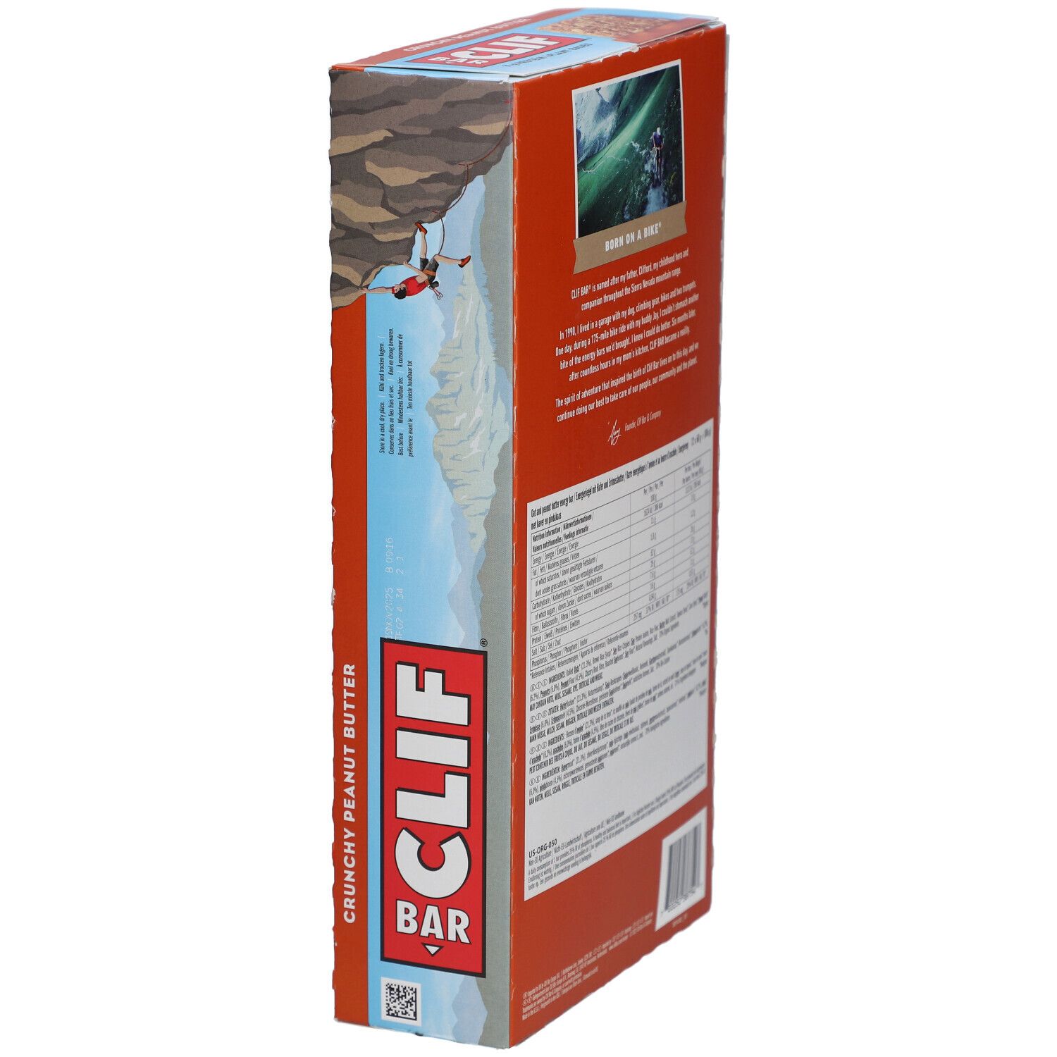 Vue latérale de l'emballage Clif Bar Crunchy Peanut Butter. Texte et informations nutritionnelles sur l'emballage.