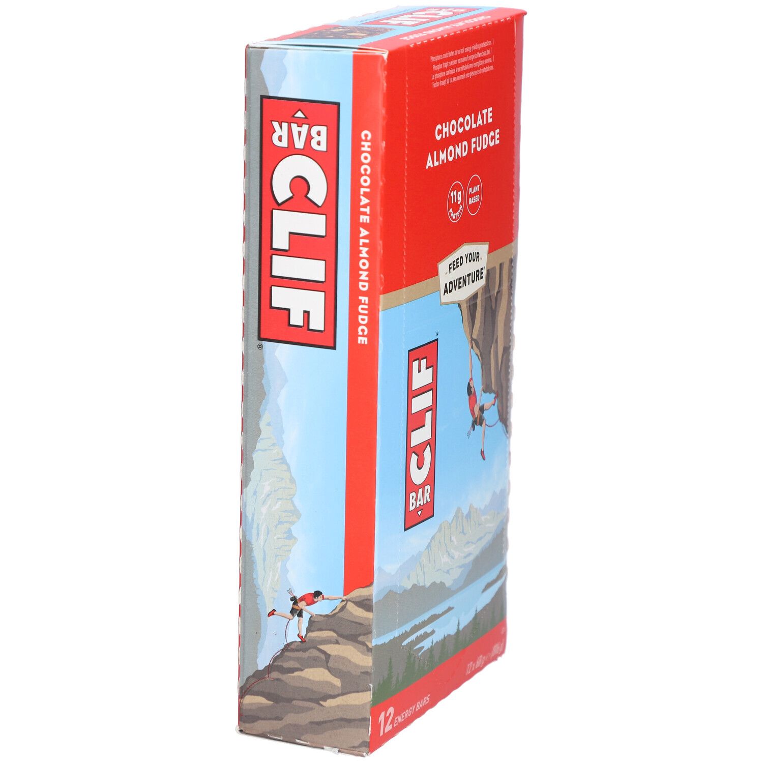Emballage rouge étroit de Clif Bar Chocolate Almond Fudge. Illustration d'un grimpeur sur le côté.