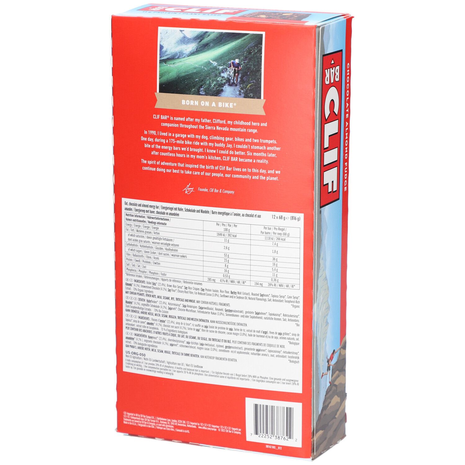 Dos de l'emballage Clif Bar Chocolate Almond Fudge. Contient des informations nutritionnelles et sur le produit.
